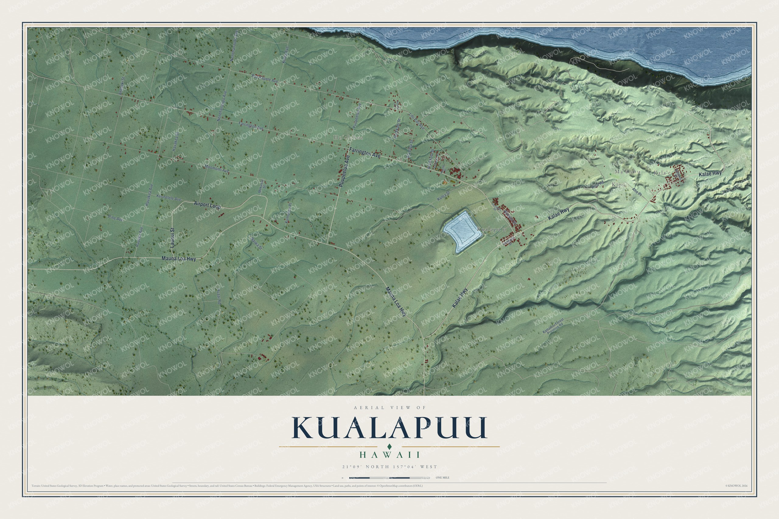 Full map of Kualapuu, Hawaii, with red buildings, printed street names and the land around them