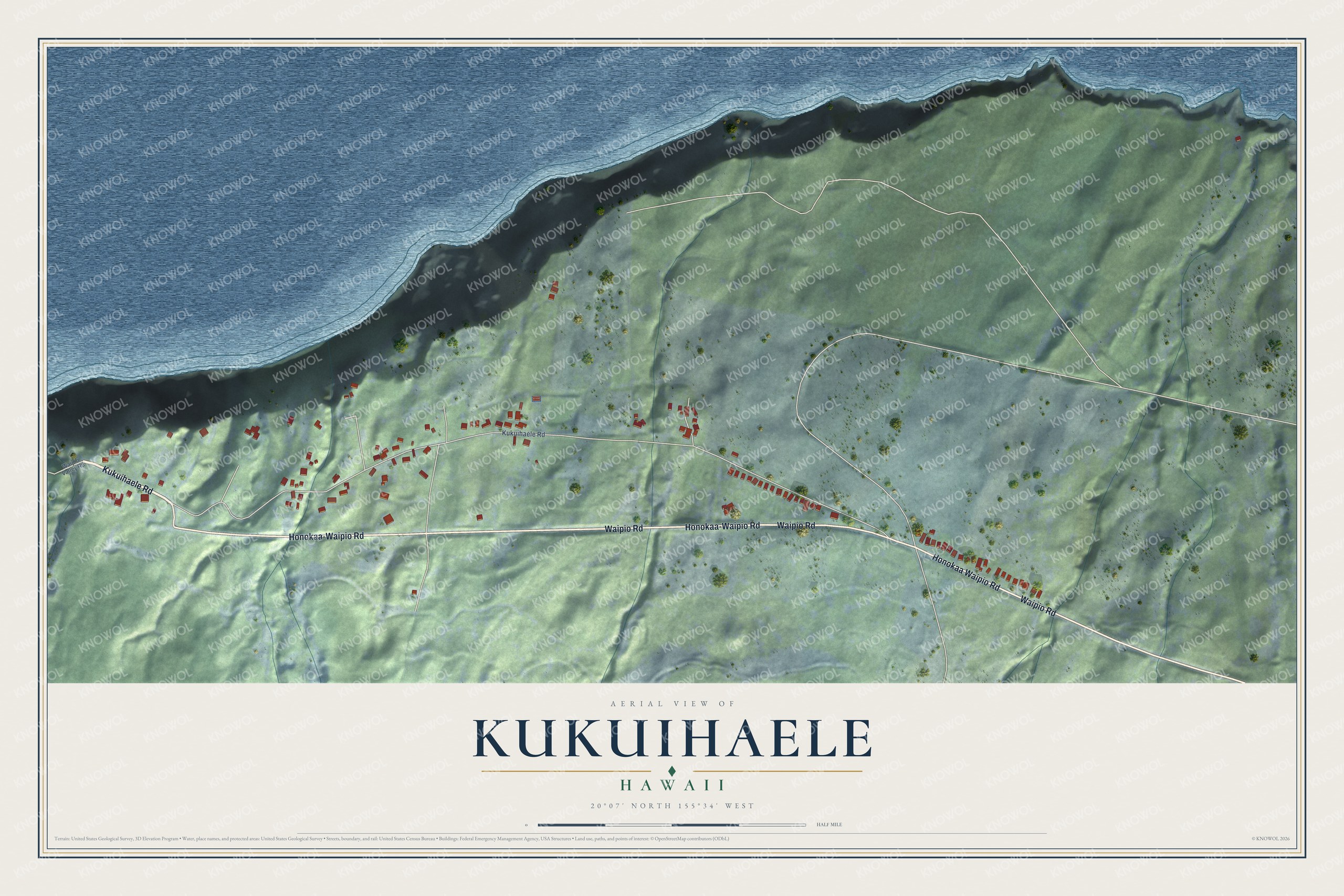 Full map of Kukuihaele, Hawaii, with red buildings, printed street names and the land around them