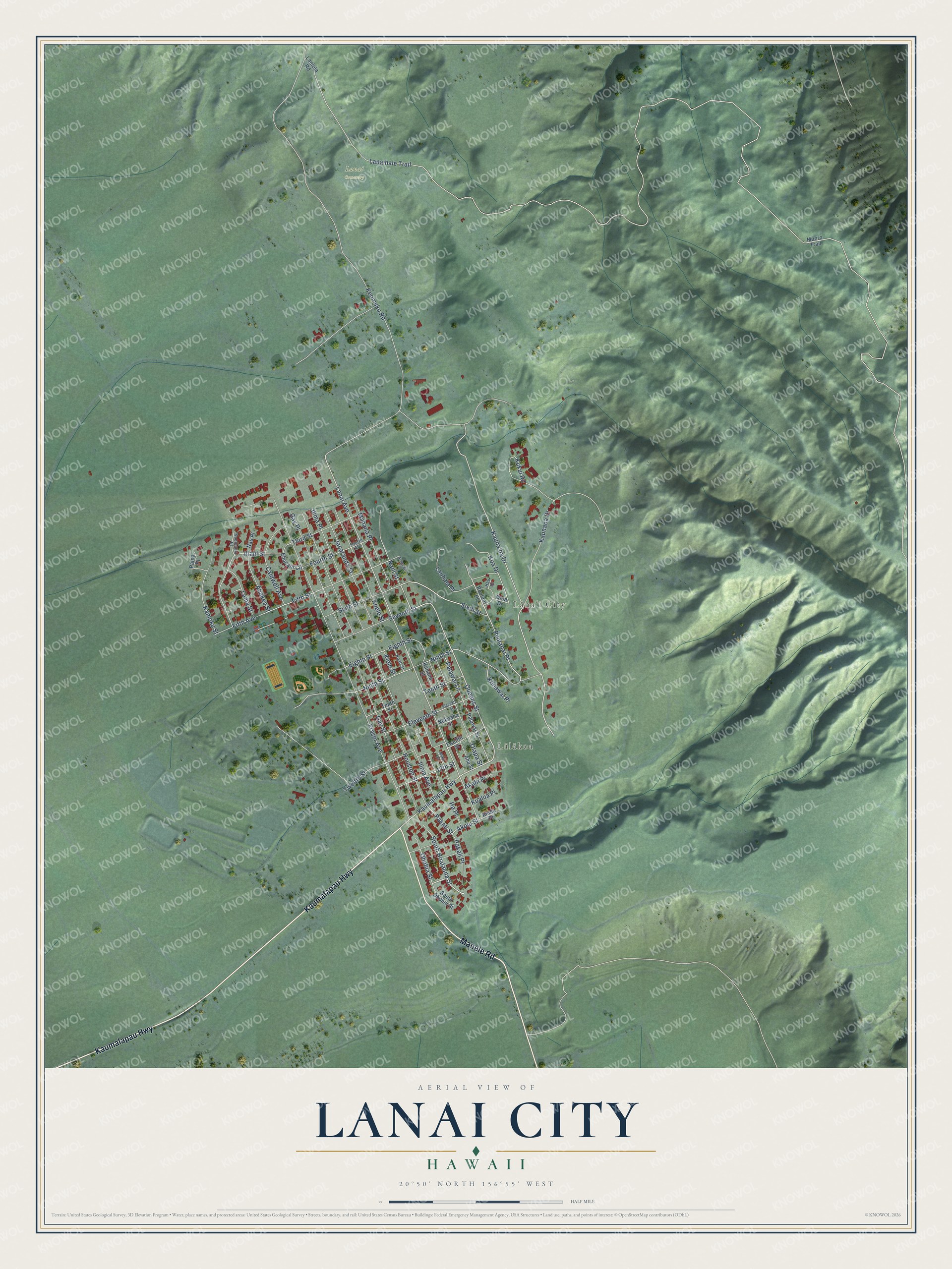 Full map of Lanai City, Hawaii, with red buildings, printed street names and the land around them