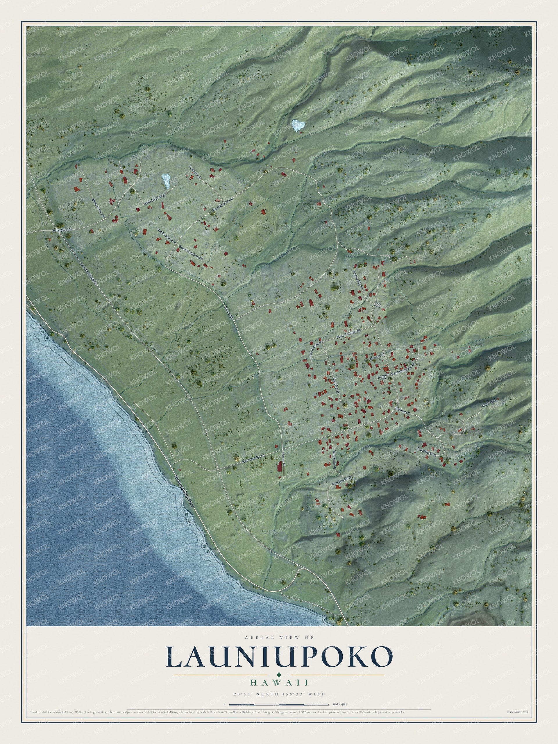 Full map of Launiupoko, Hawaii, with red buildings, printed street names and the land around them
