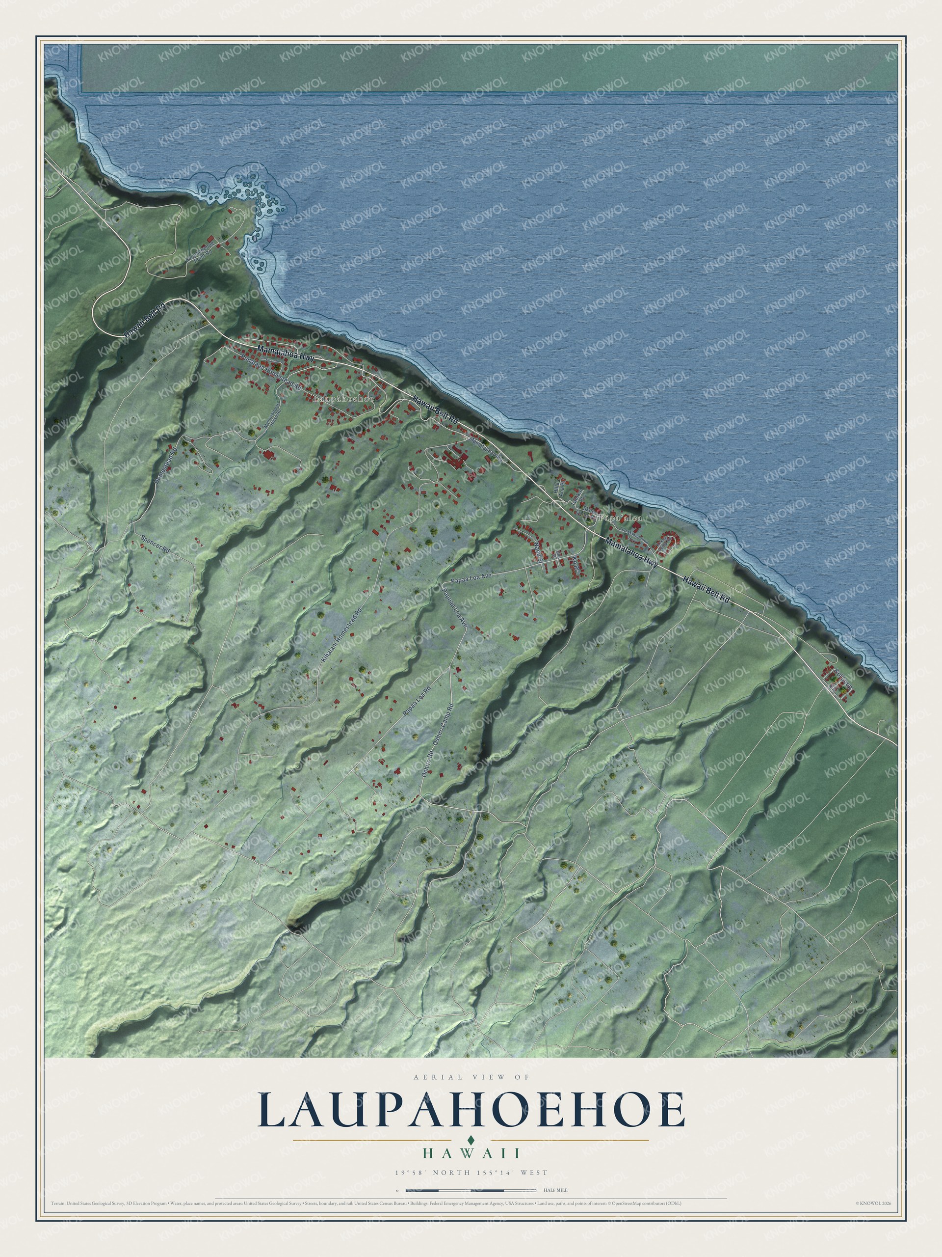 Full map of Laupahoehoe, Hawaii, with red buildings, printed street names and the land around them