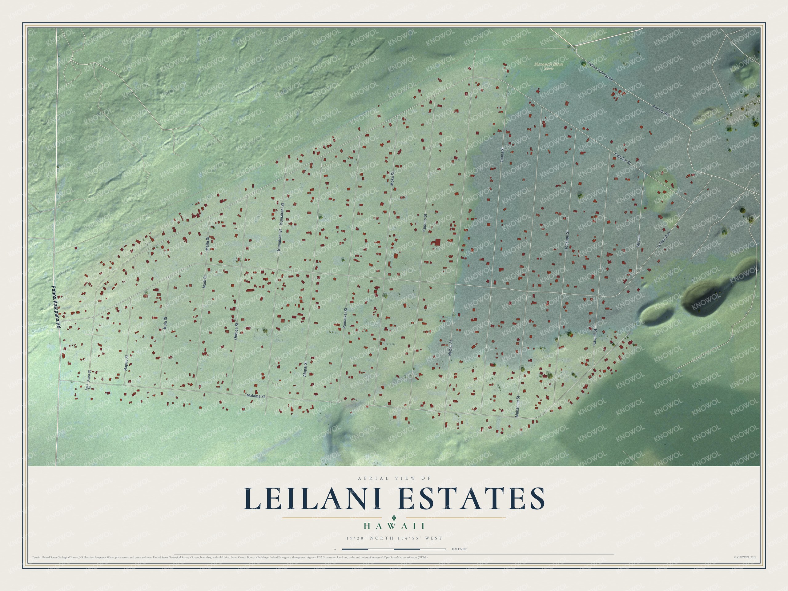 Full map of Leilani Estates, Hawaii, with red buildings, printed street names and the land around them