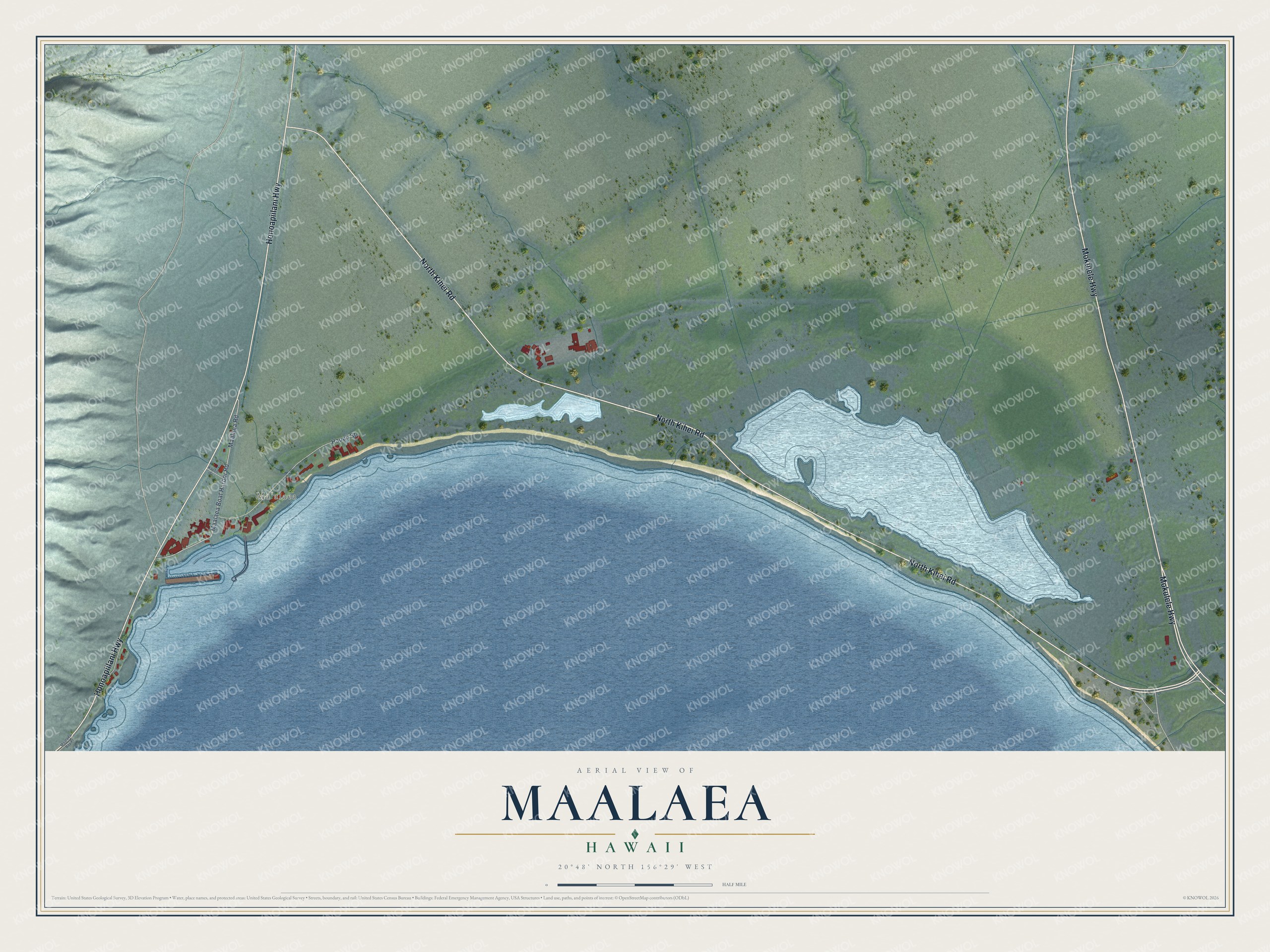 Full map of Maalaea, Hawaii, with red buildings, printed street names and the land around them