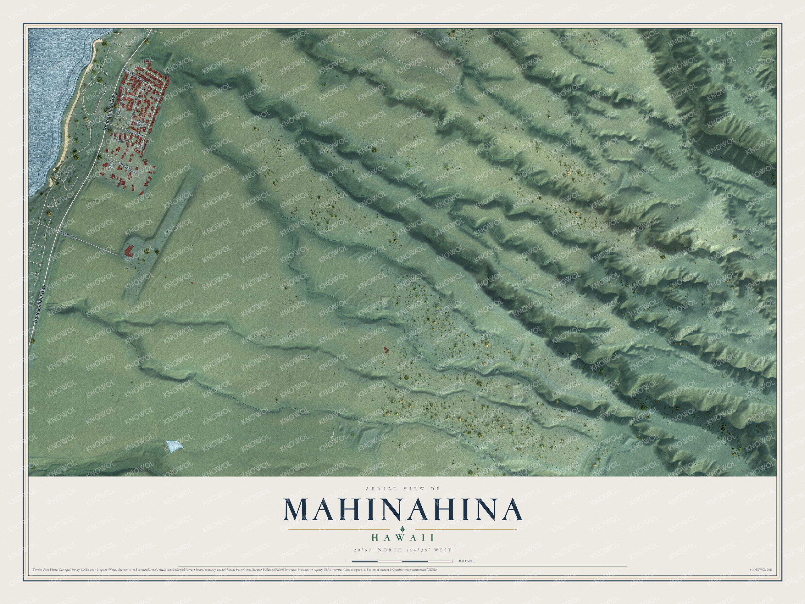 Full map of Mahinahina, Hawaii, with red buildings, printed street names and the land around them