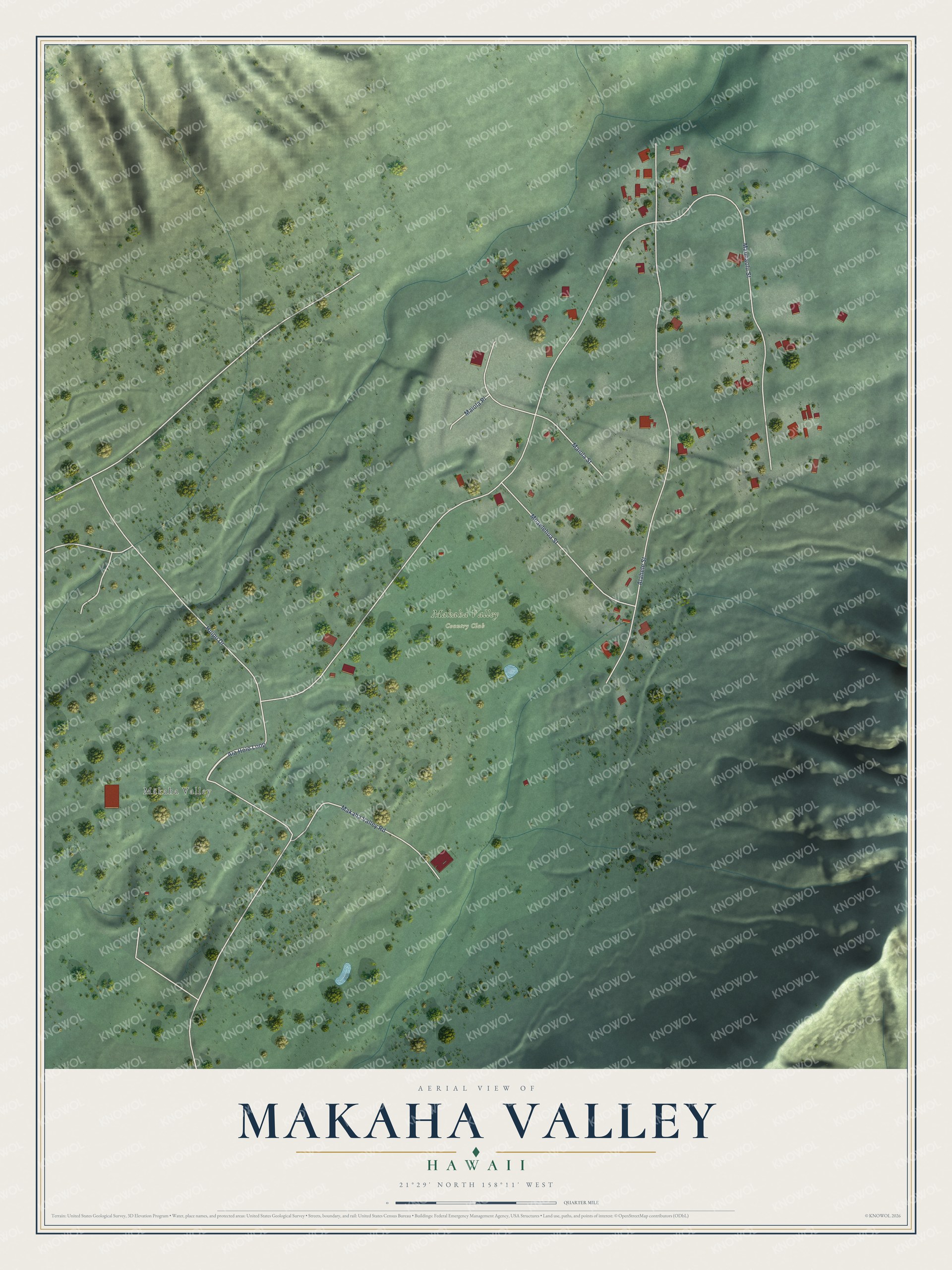 Full map of Makaha Valley, Hawaii, with red buildings, printed street names and the land around them