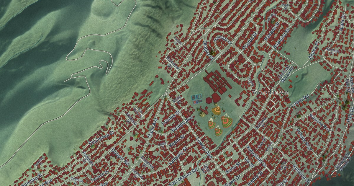 Close-up of streets and buildings in Manoa, Hawaii