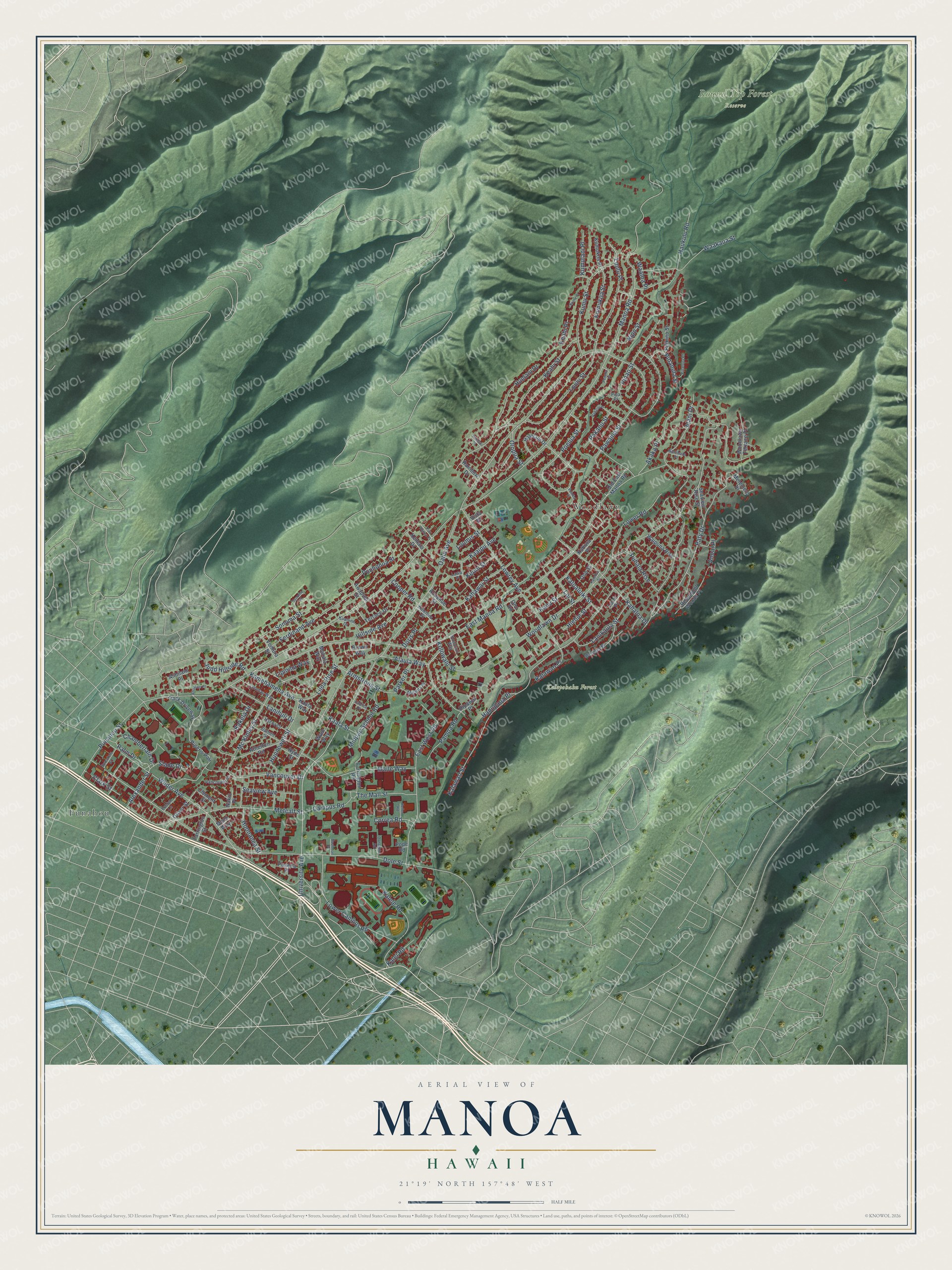 Full map of Manoa, Hawaii, with red buildings, printed street names and the land around them