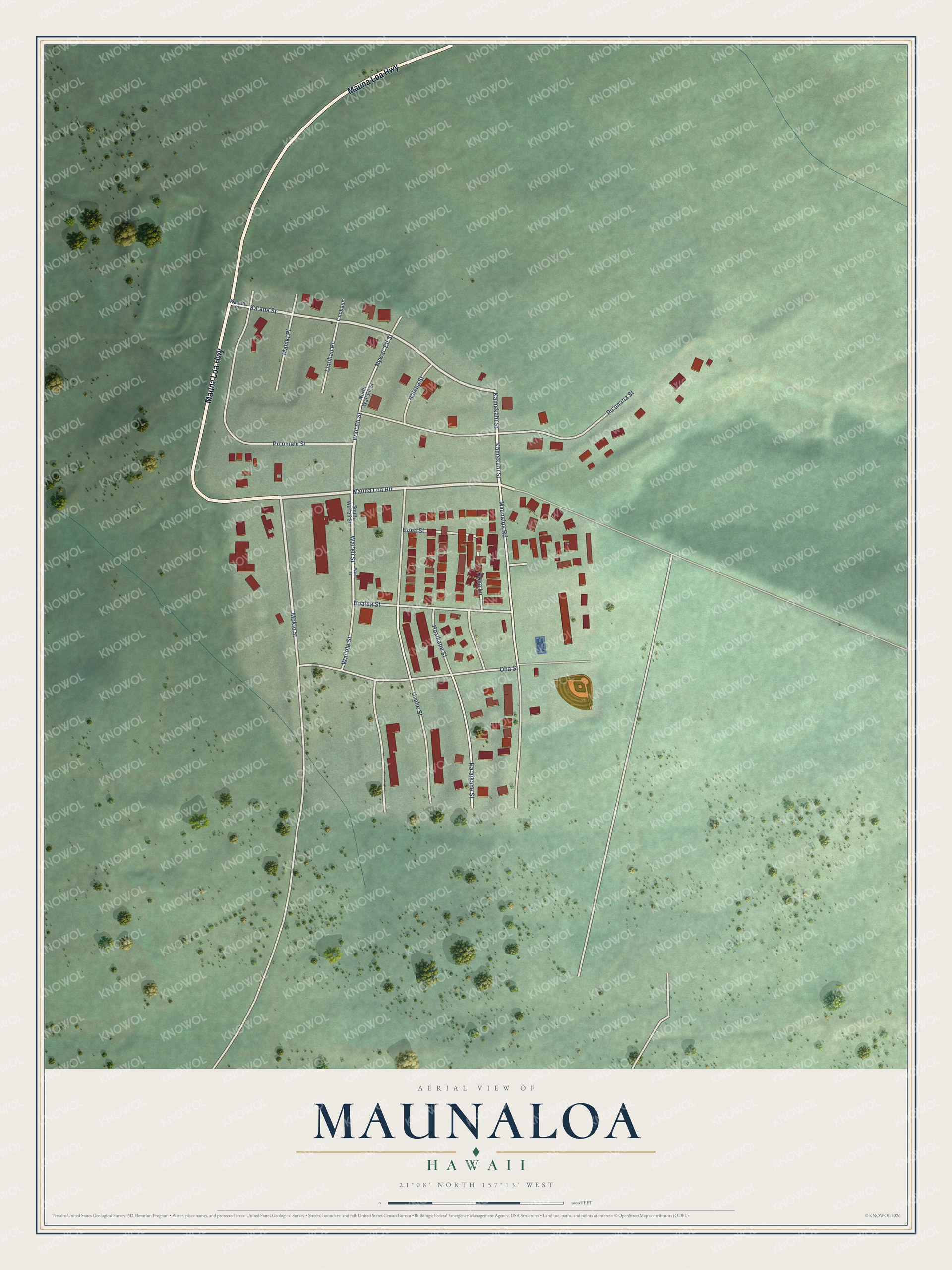 Full map of Maunaloa, Hawaii, with red buildings, printed street names and the land around them