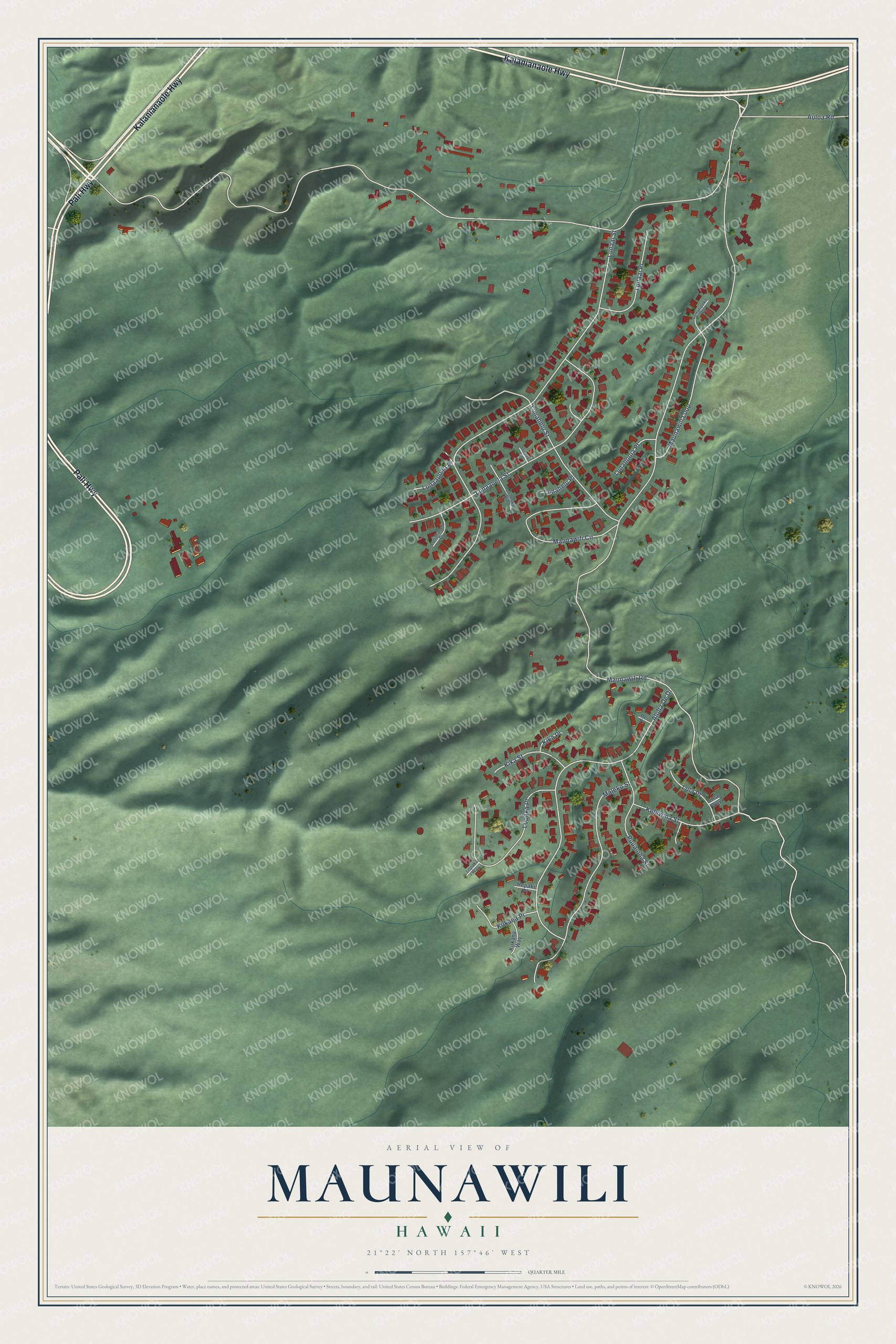 Full map of Maunawili, Hawaii, with red buildings, printed street names and the land around them