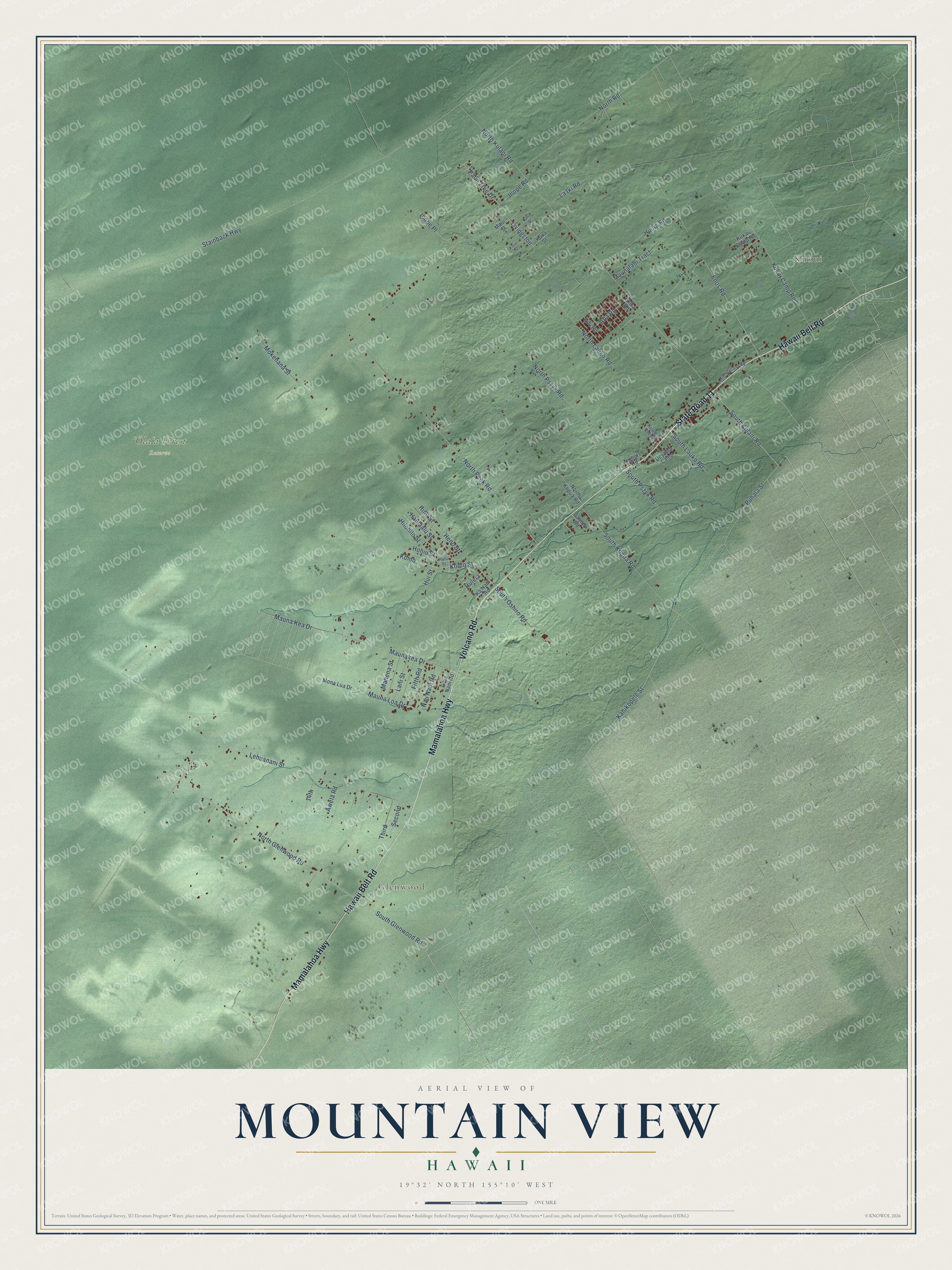 Full map of Mountain View, Hawaii, with red buildings, printed street names and the land around them