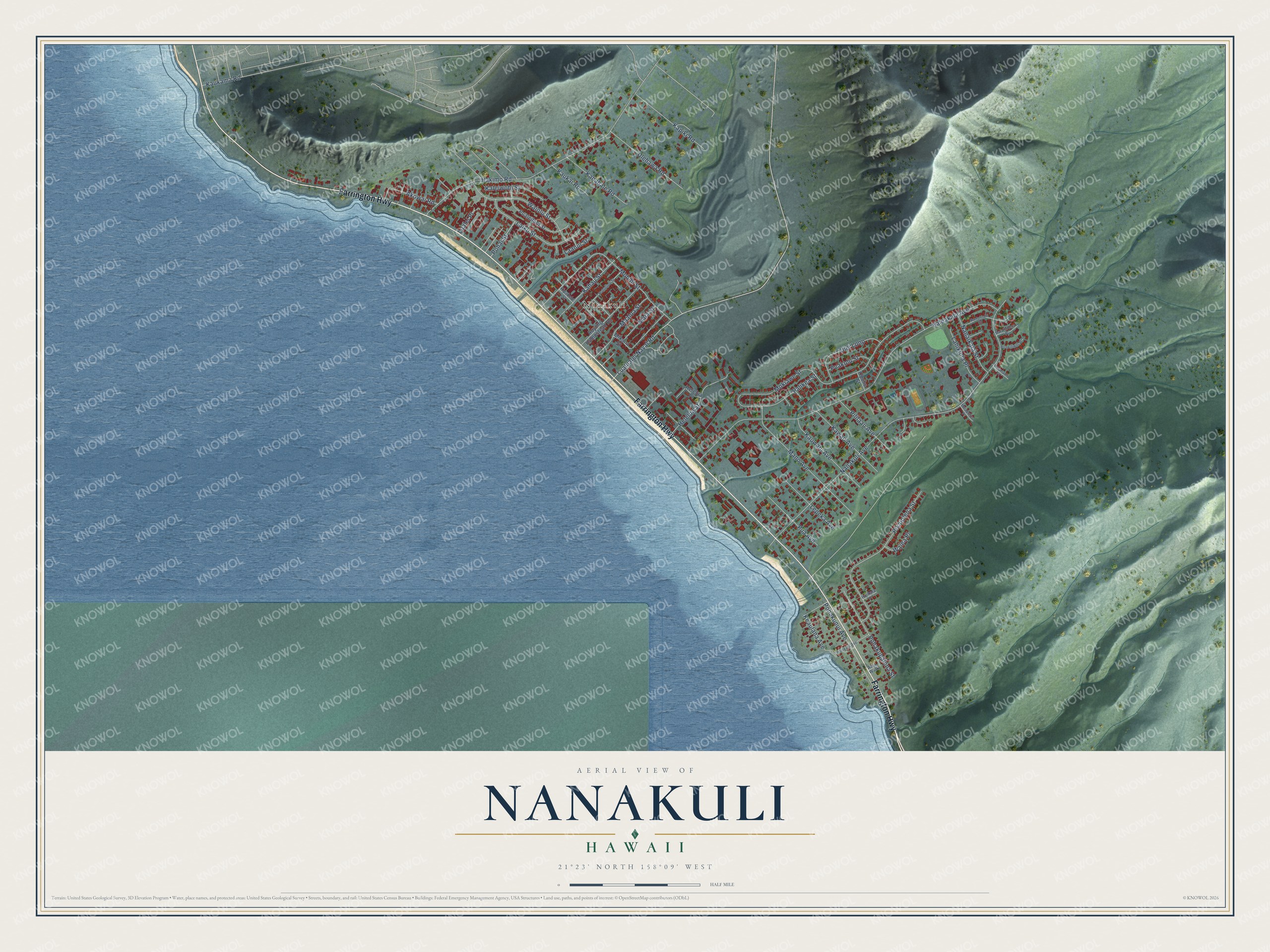 Full map of Nanakuli, Hawaii, with red buildings, printed street names and the land around them