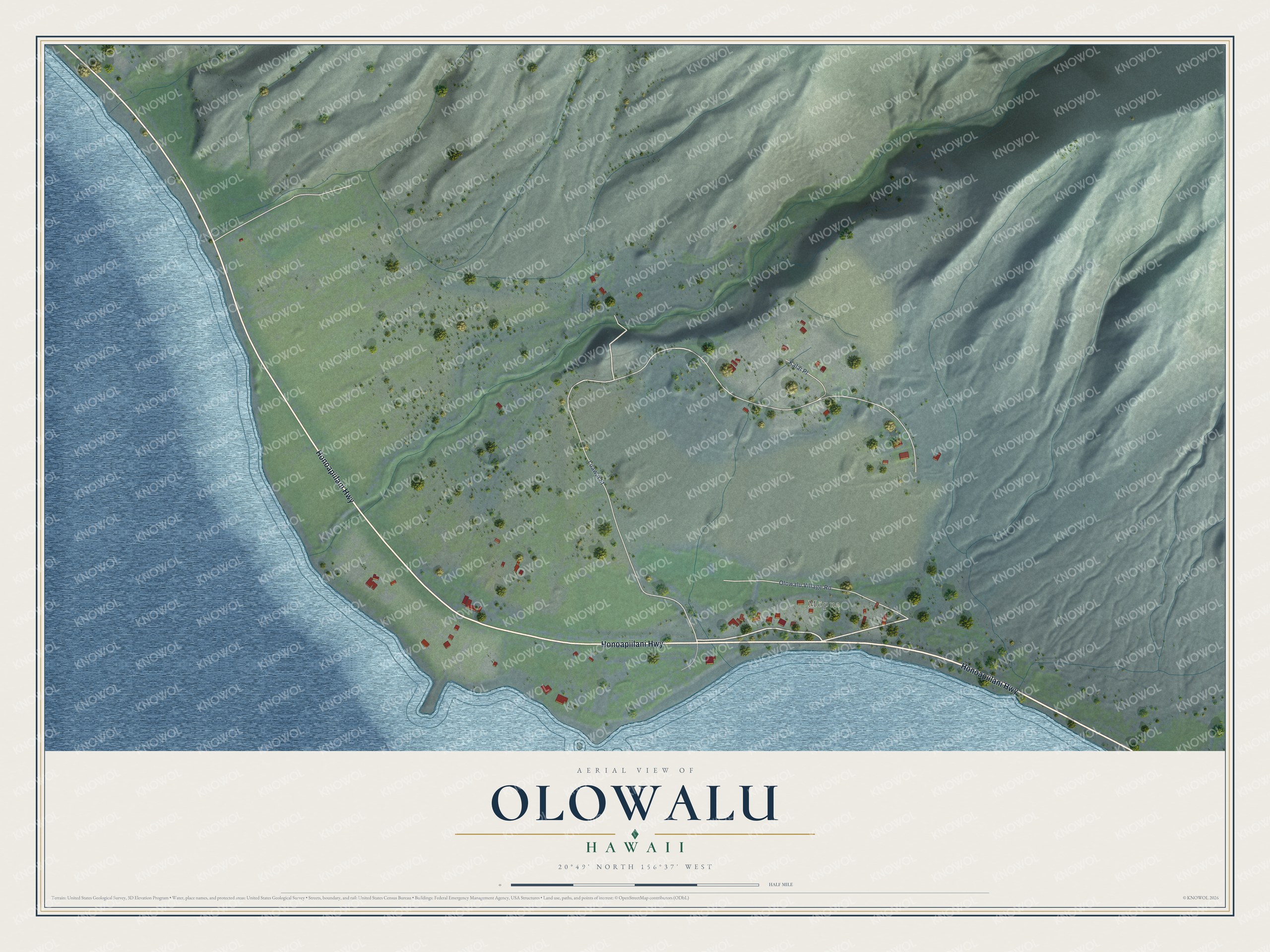Full map of Olowalu, Hawaii, with red buildings, printed street names and the land around them
