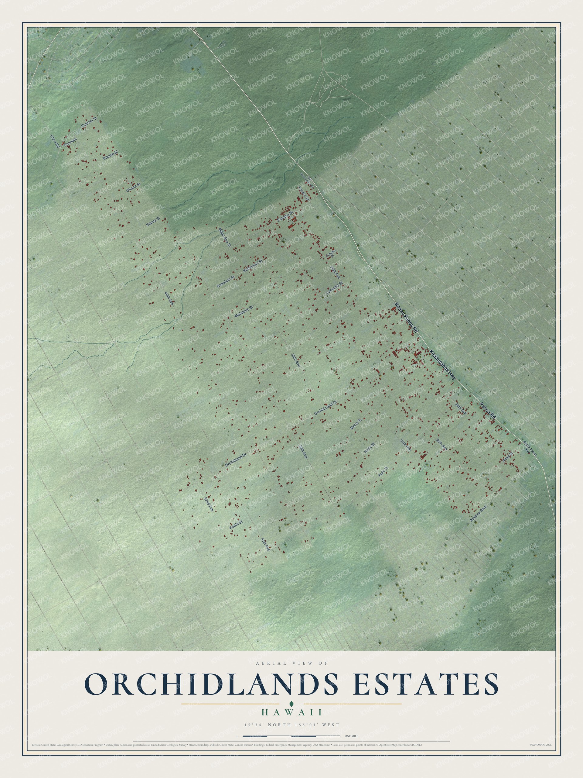 Full map of Orchidlands Estates, Hawaii, with red buildings, printed street names and the land around them