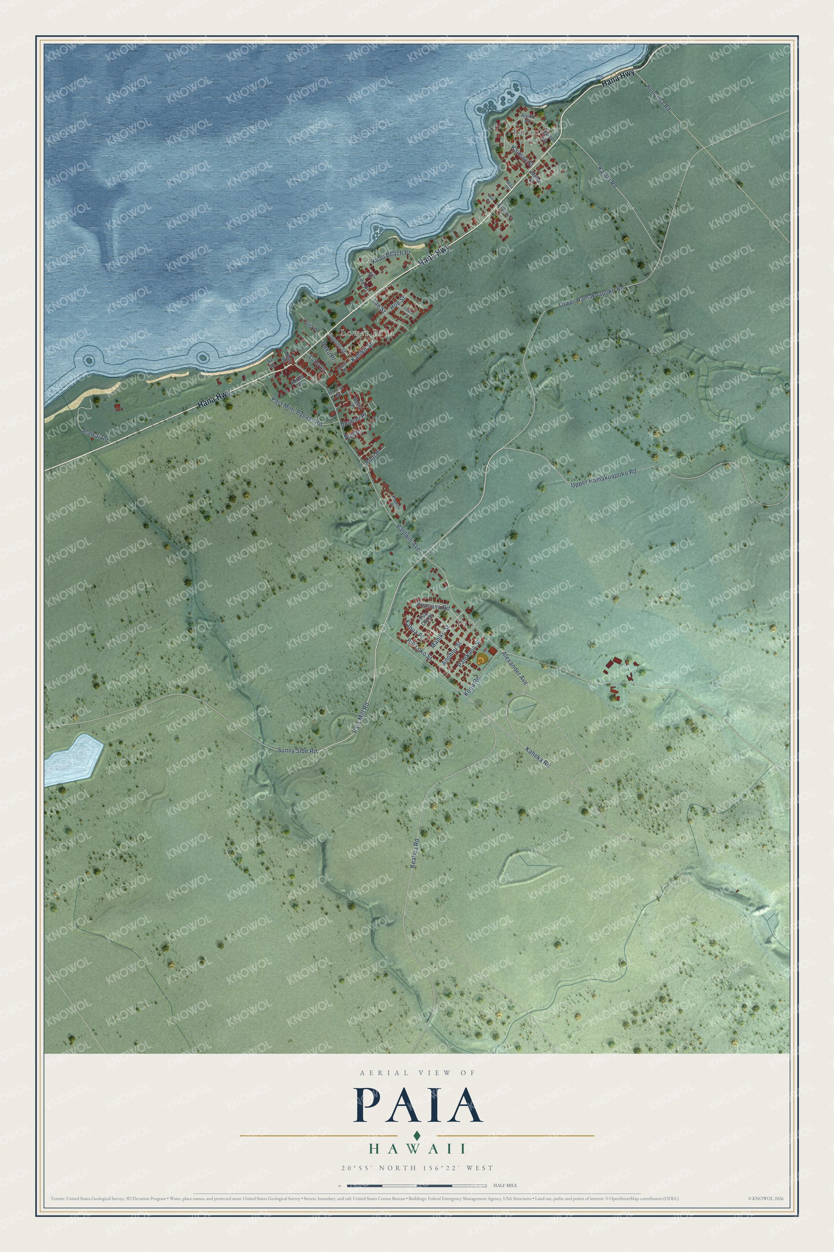 Full map of Paia, Hawaii, with red buildings, printed street names and the land around them