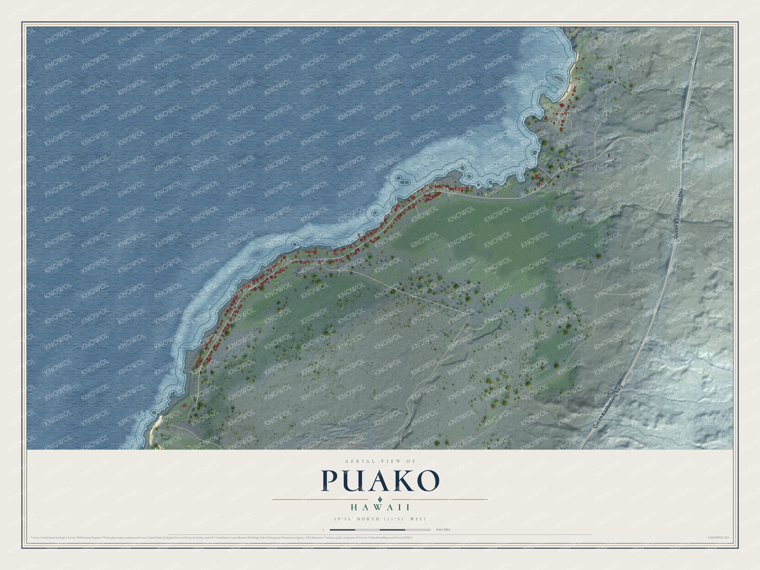 Full map of Puako, Hawaii, with red buildings, printed street names and the land around them