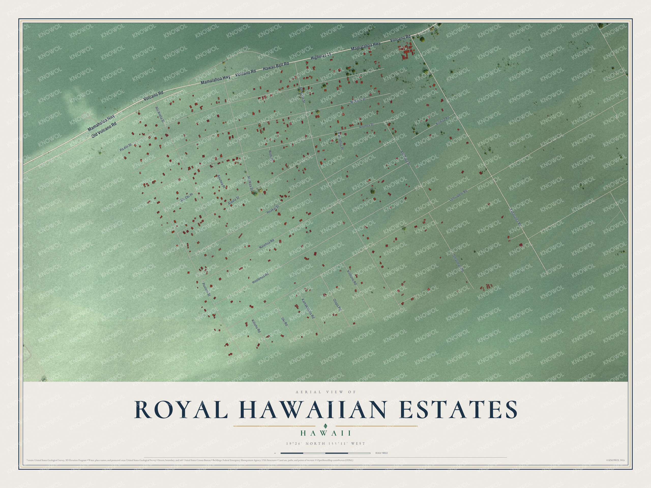 Full map of Royal Hawaiian Estates, Hawaii, with red buildings, printed street names and the land around them