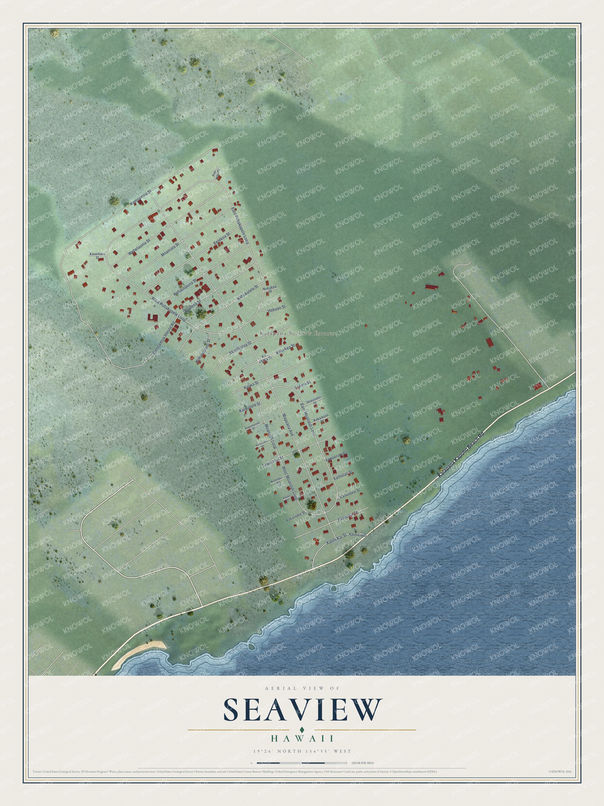 Full map of Seaview, Hawaii, with red buildings, printed street names and the land around them