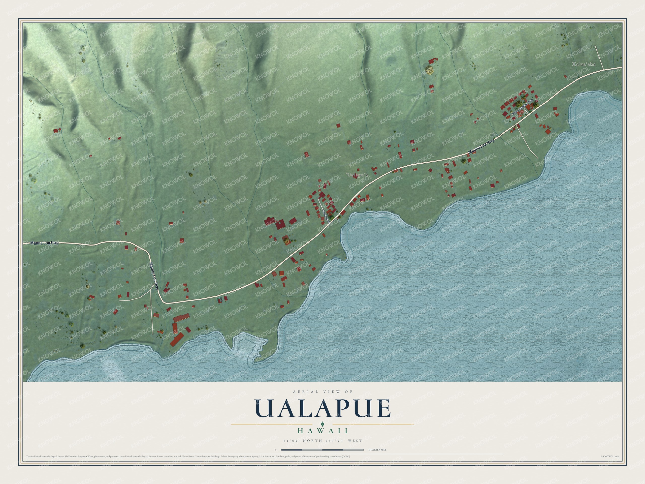Full map of Ualapue, Hawaii, with red buildings, printed street names and the land around them