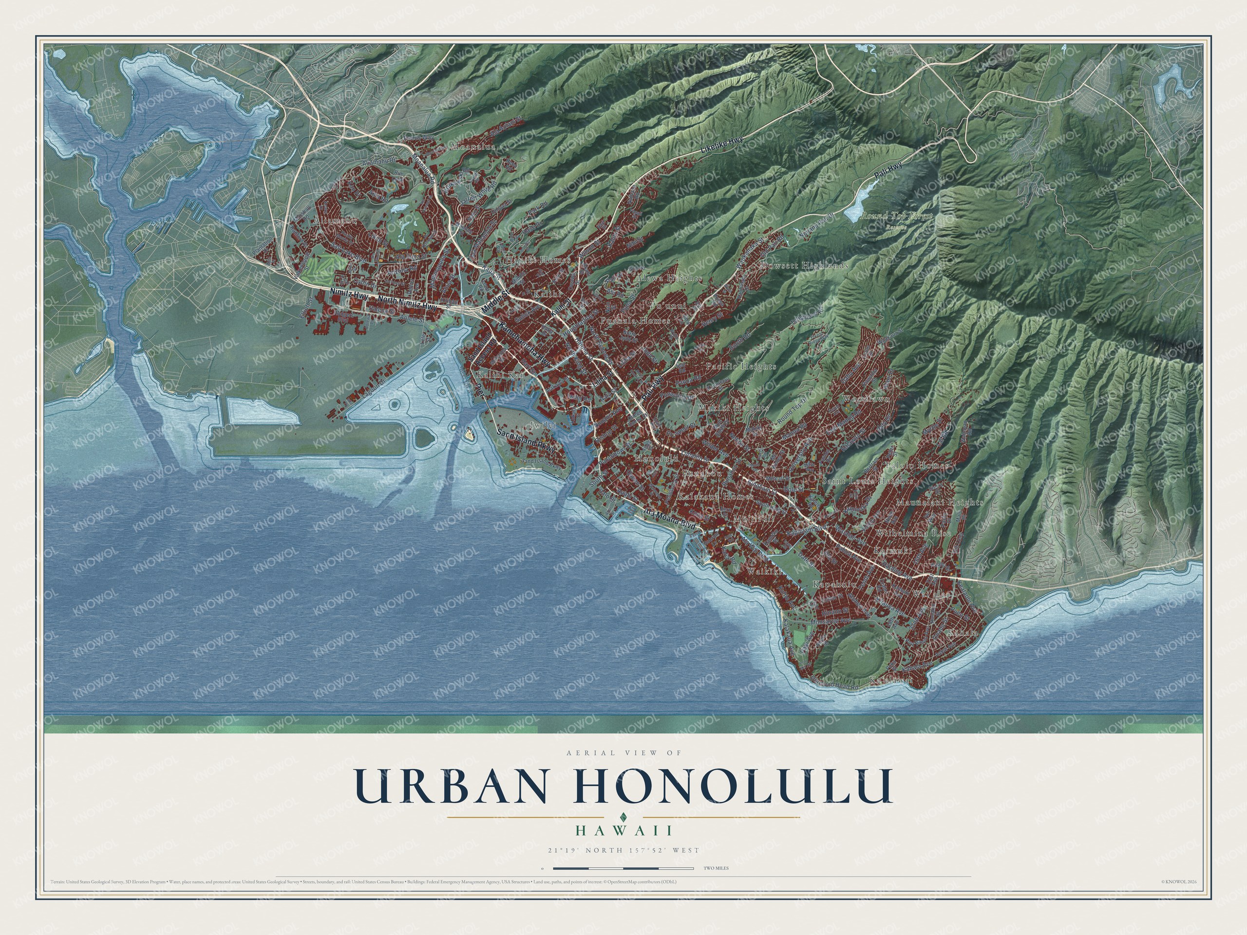 Full map of Urban Honolulu, Hawaii, with red buildings, printed street names and the land around them