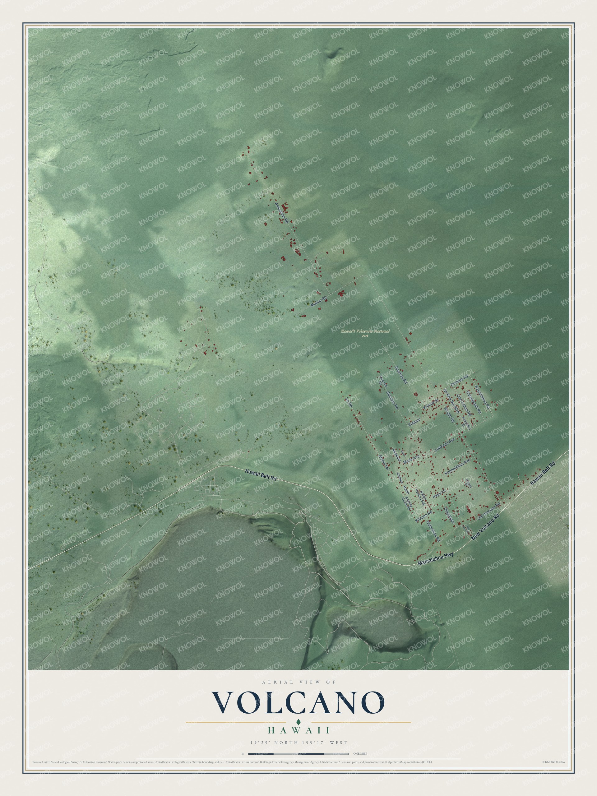 Full map of Volcano, Hawaii, with red buildings, printed street names and the land around them