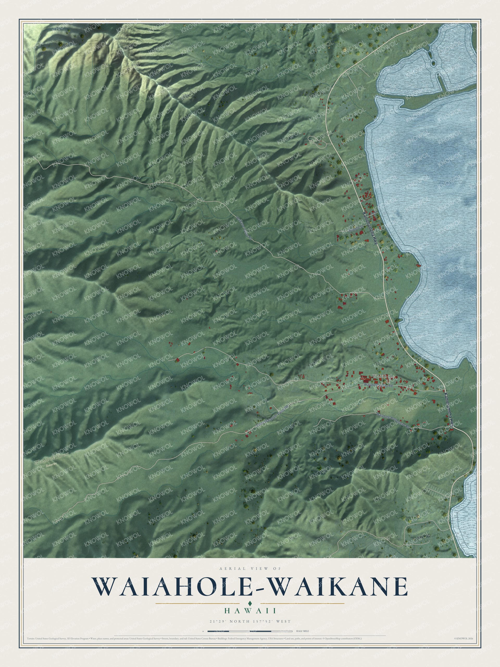 Full map of Waiahole-Waikane, Hawaii, with red buildings, printed street names and the land around them