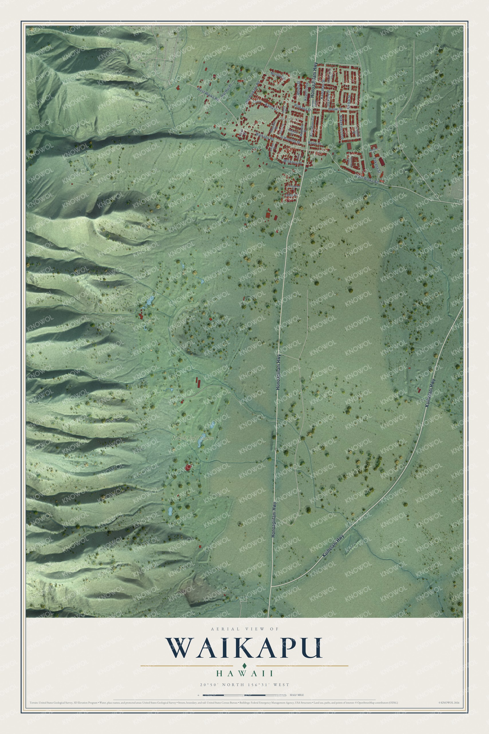 Full map of Waikapu, Hawaii, with red buildings, printed street names and the land around them
