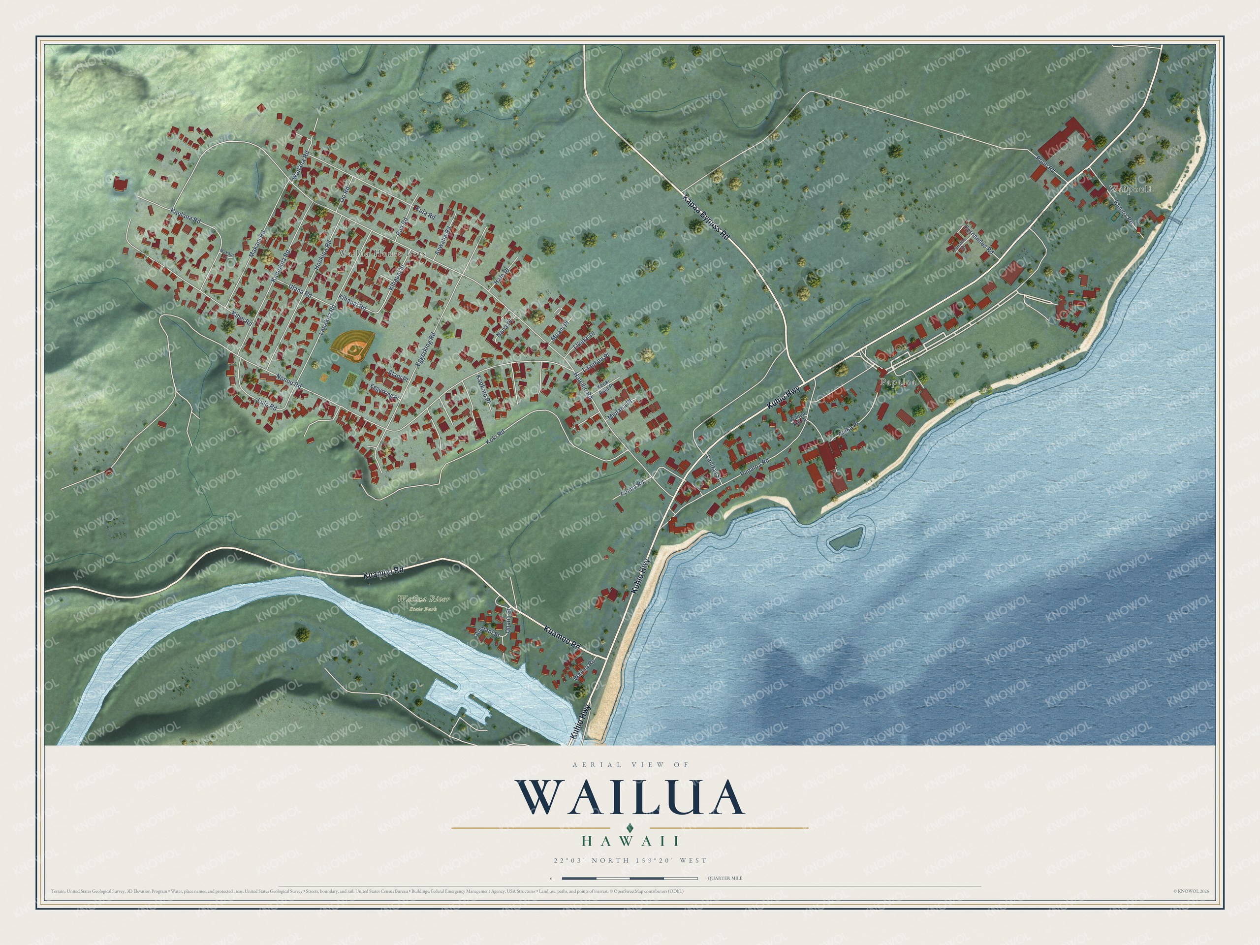 Full map of Wailua, Hawaii, with red buildings, printed street names and the land around them
