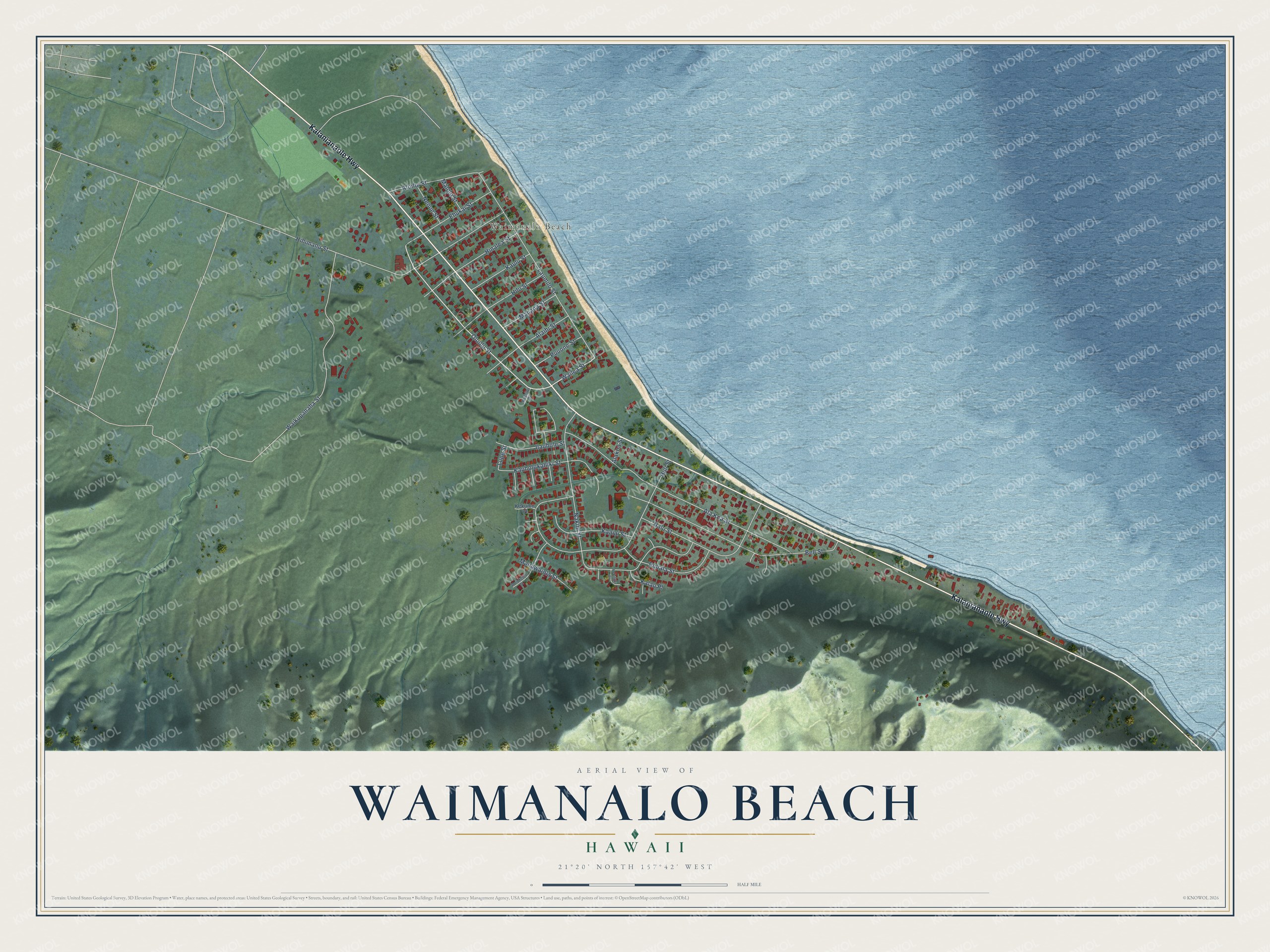 Full map of Waimanalo Beach, Hawaii, with red buildings, printed street names and the land around them