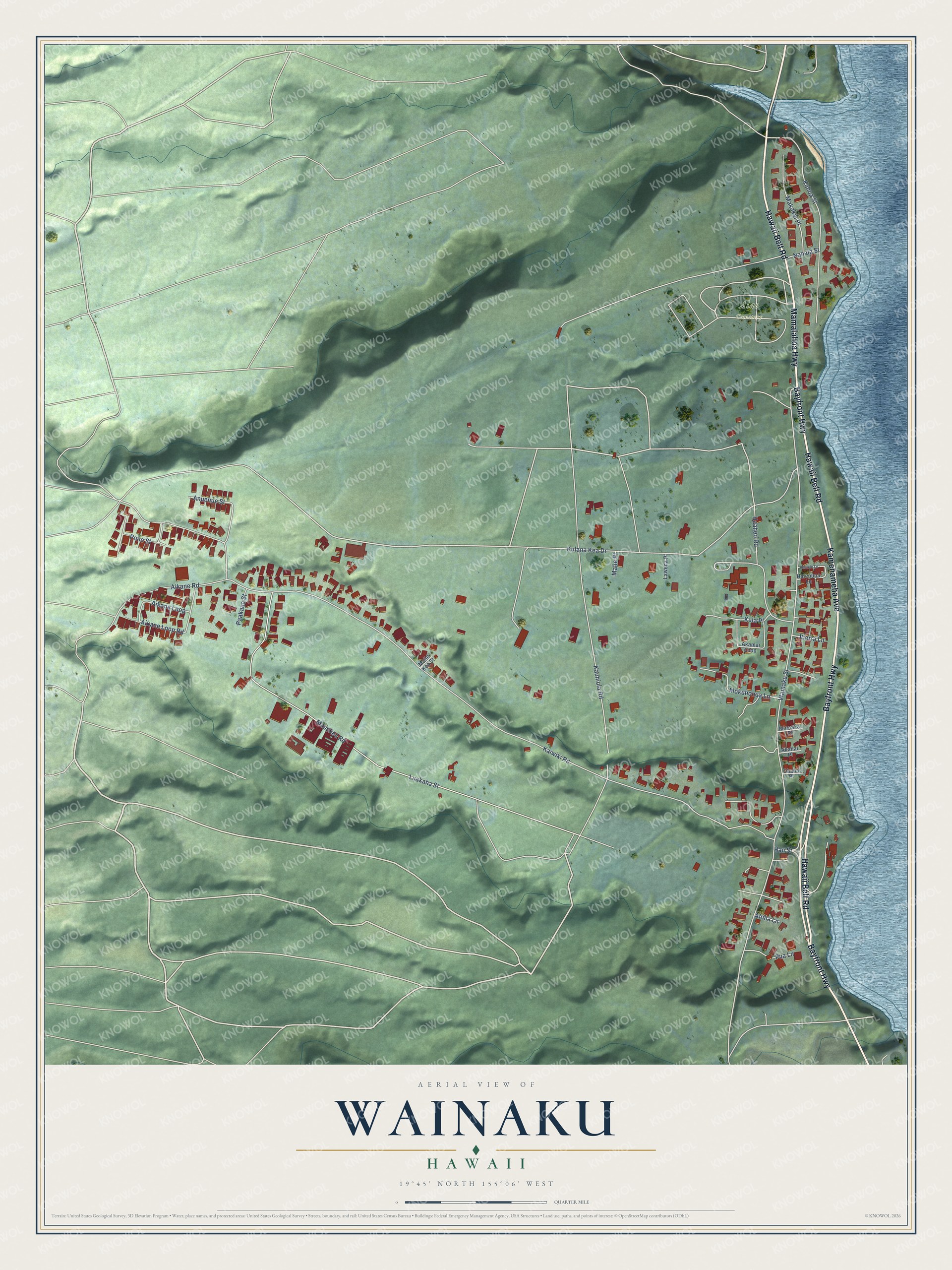 Full map of Wainaku, Hawaii, with red buildings, printed street names and the land around them