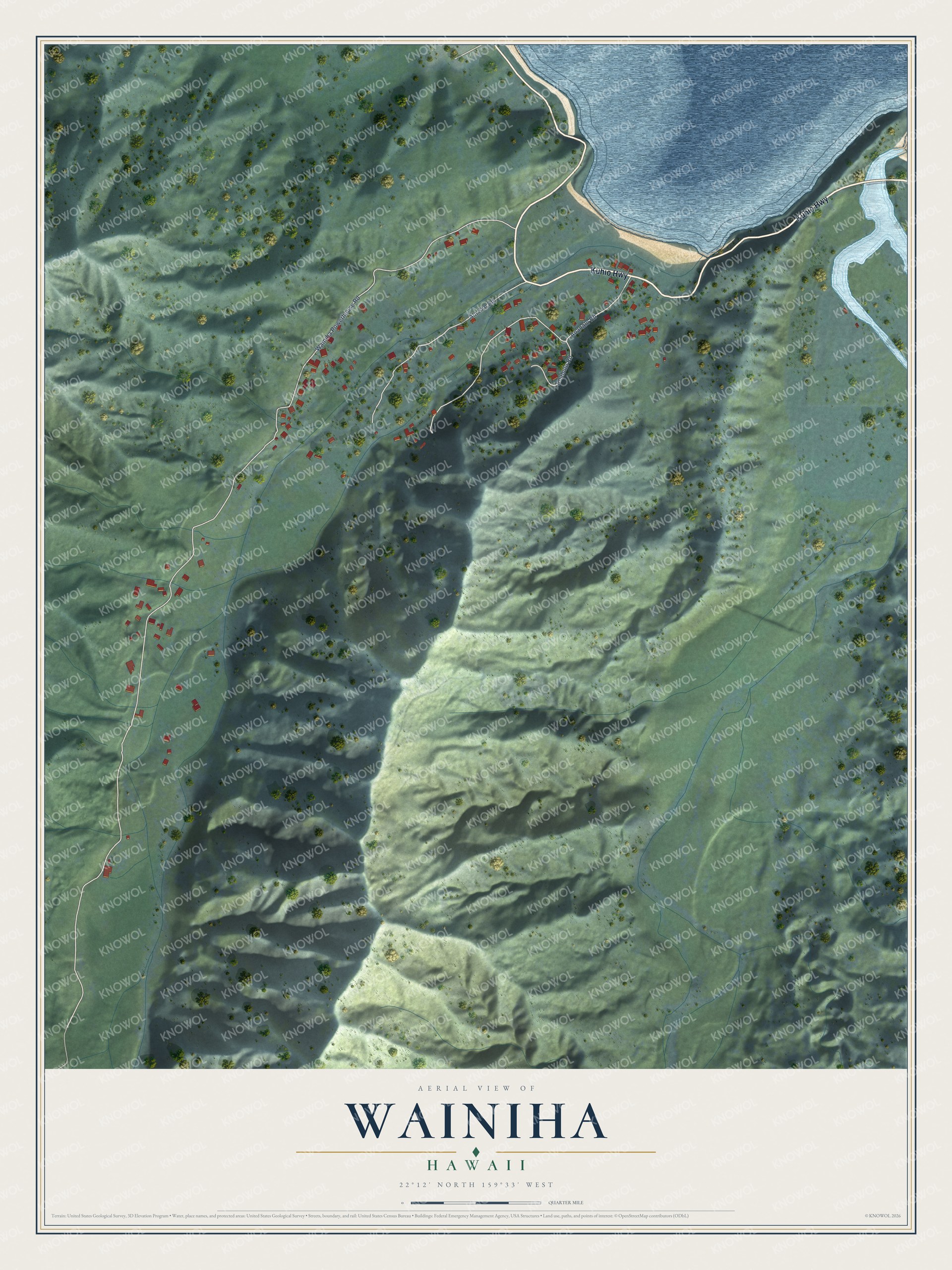 Full map of Wainiha, Hawaii, with red buildings, printed street names and the land around them