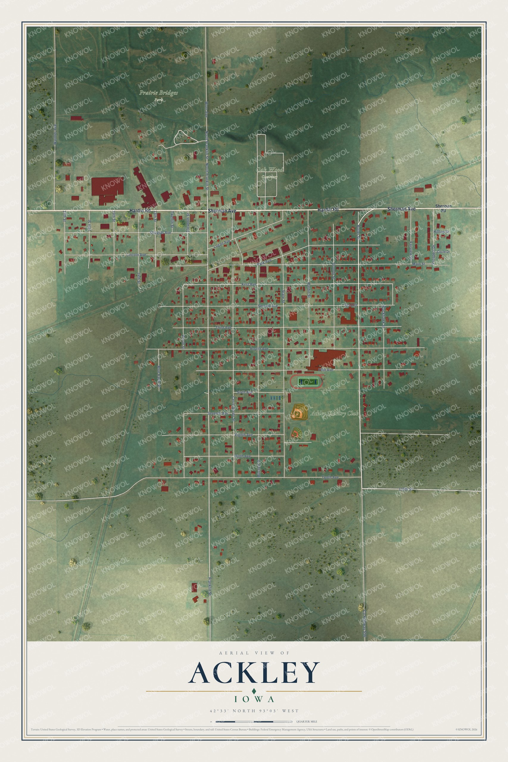 Full map of Ackley, Iowa, with red buildings, printed street names and the land around them