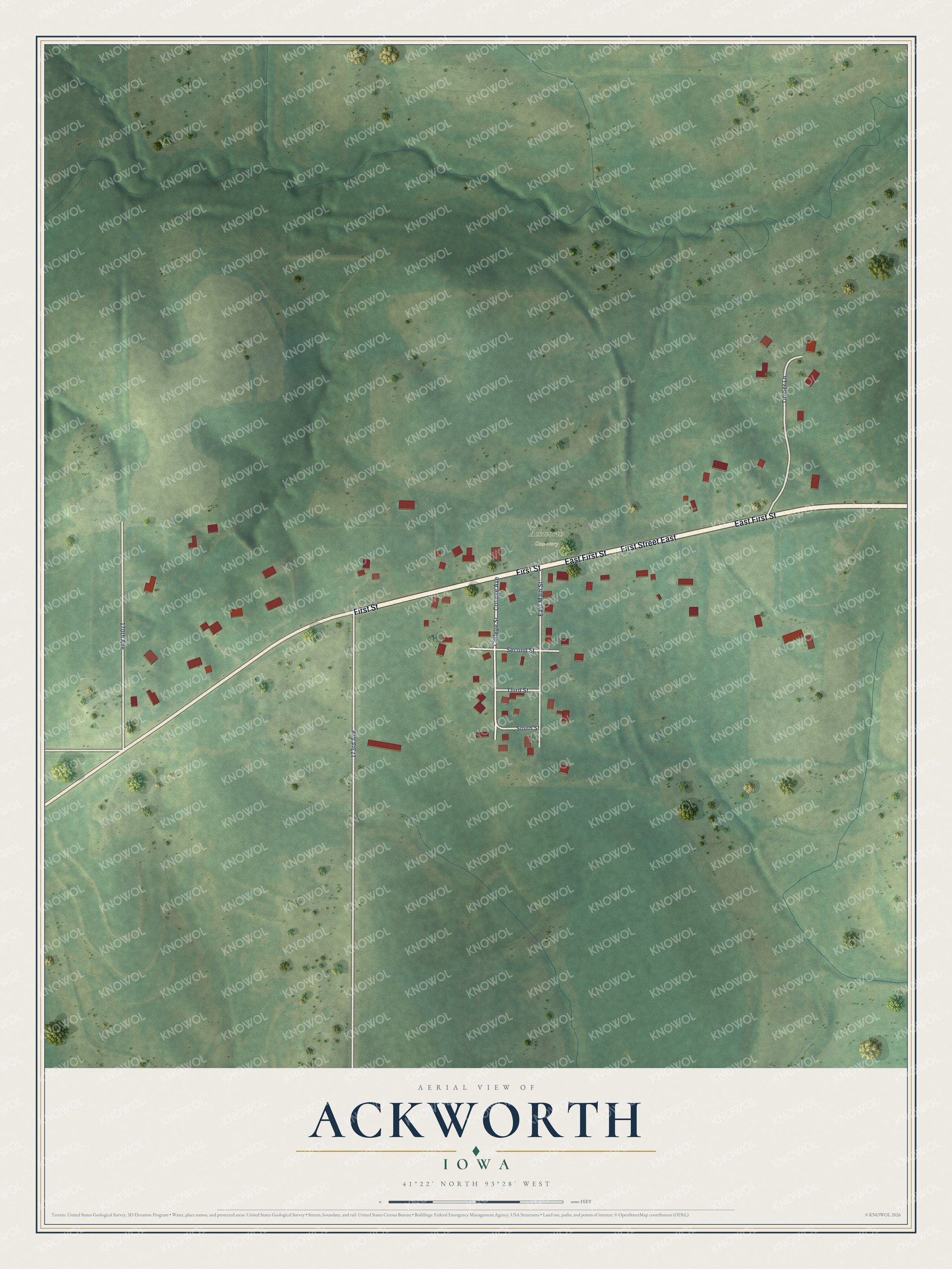 Full map of Ackworth, Iowa, with red buildings, printed street names and the land around them