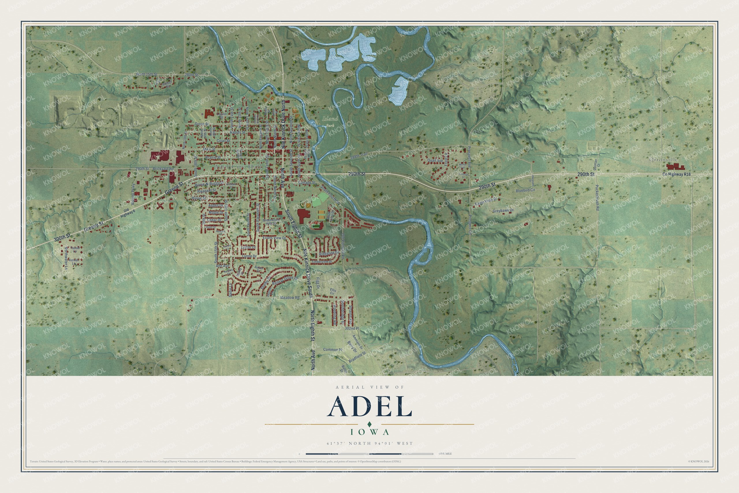 Full map of Adel, Iowa, with red buildings, printed street names and the land around them