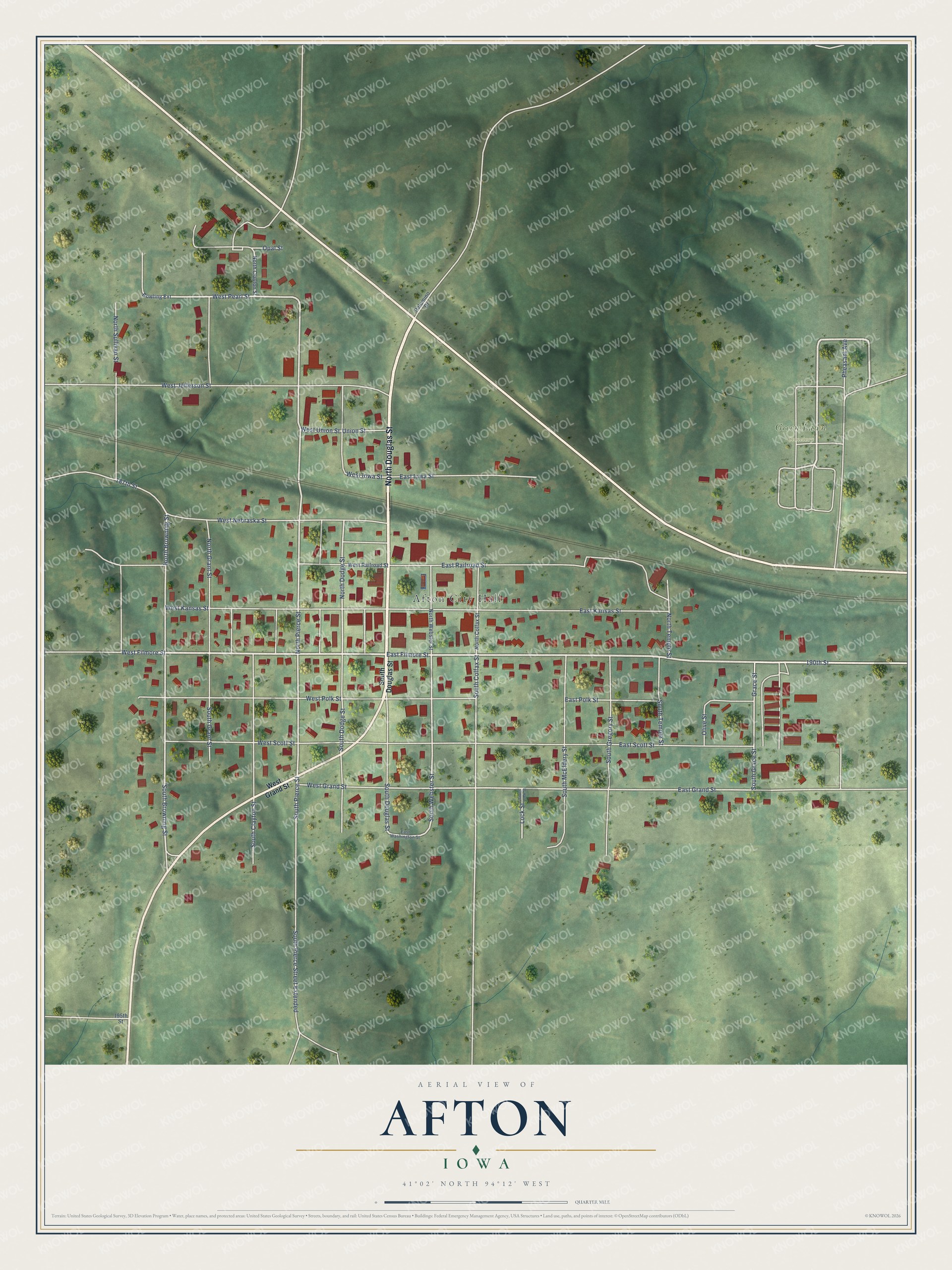 Full map of Afton, Iowa, with red buildings, printed street names and the land around them