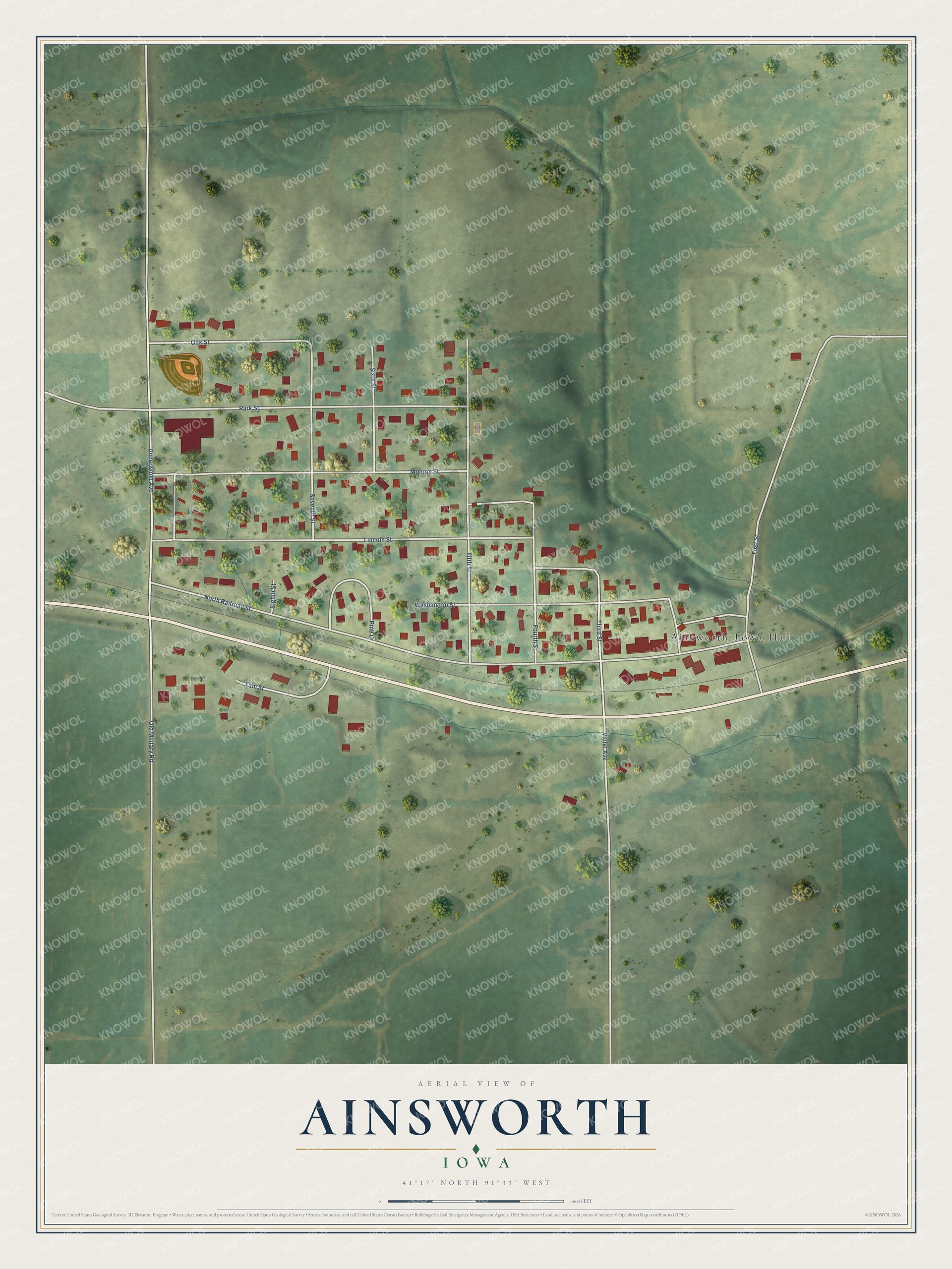Full map of Ainsworth, Iowa, with red buildings, printed street names and the land around them