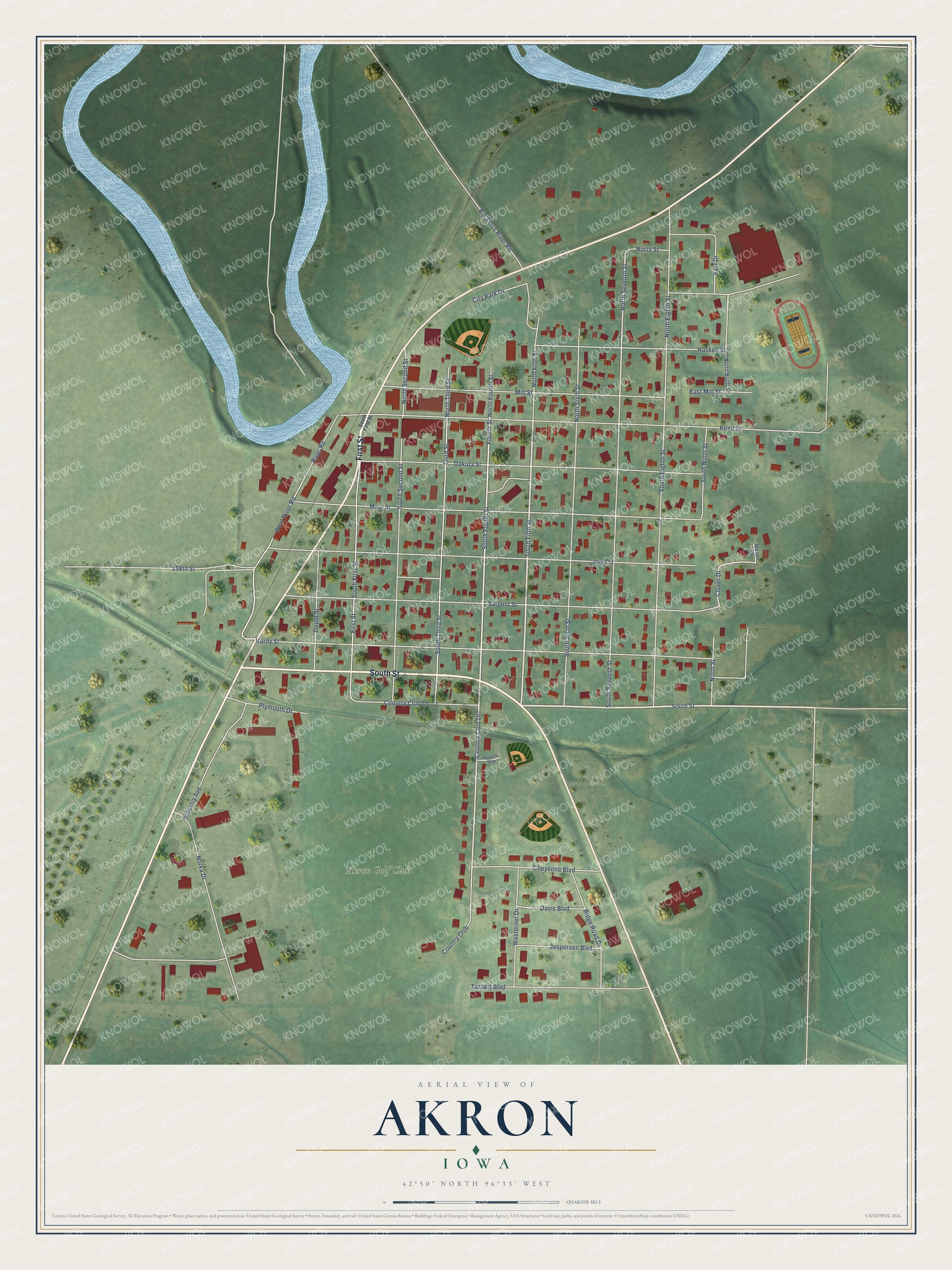Full map of Akron, Iowa, with red buildings, printed street names and the land around them