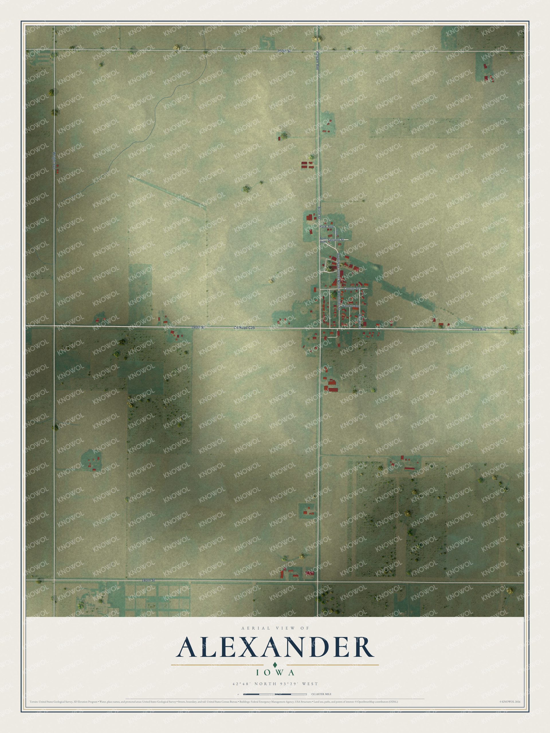 Full map of Alexander, Iowa, with red buildings, printed street names and the land around them