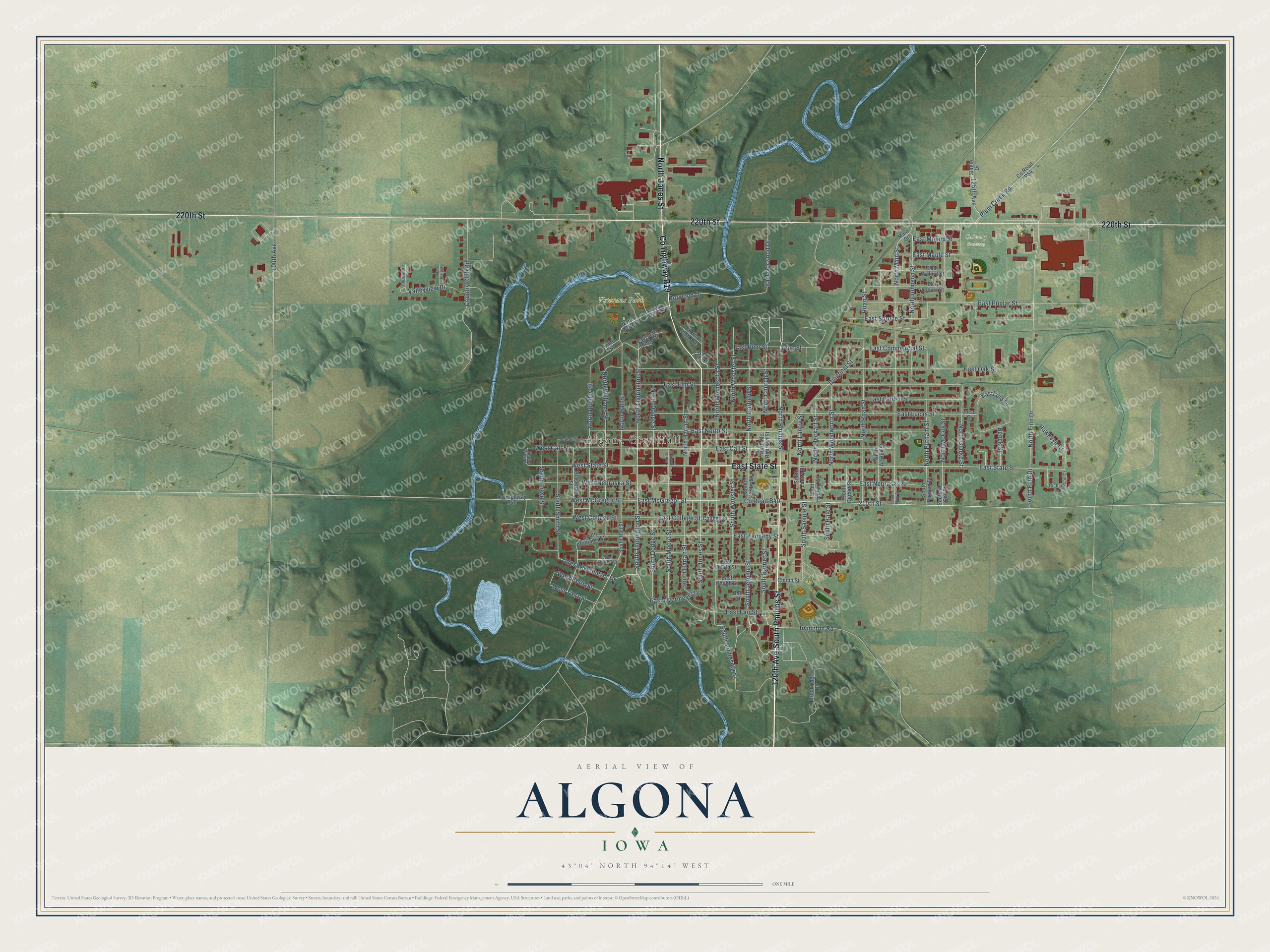 Full map of Algona, Iowa, with red buildings, printed street names and the land around them