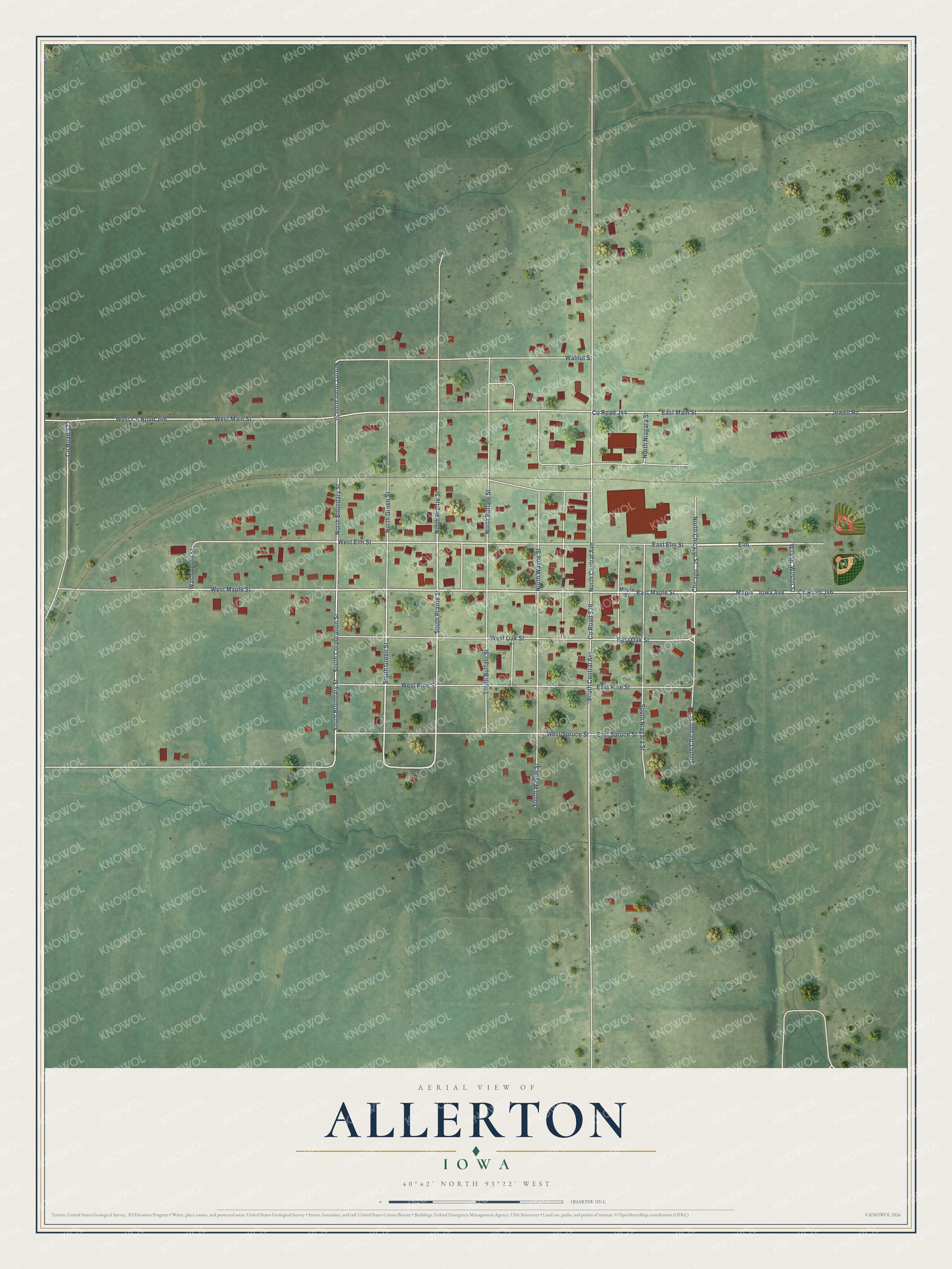 Full map of Allerton, Iowa, with red buildings, printed street names and the land around them