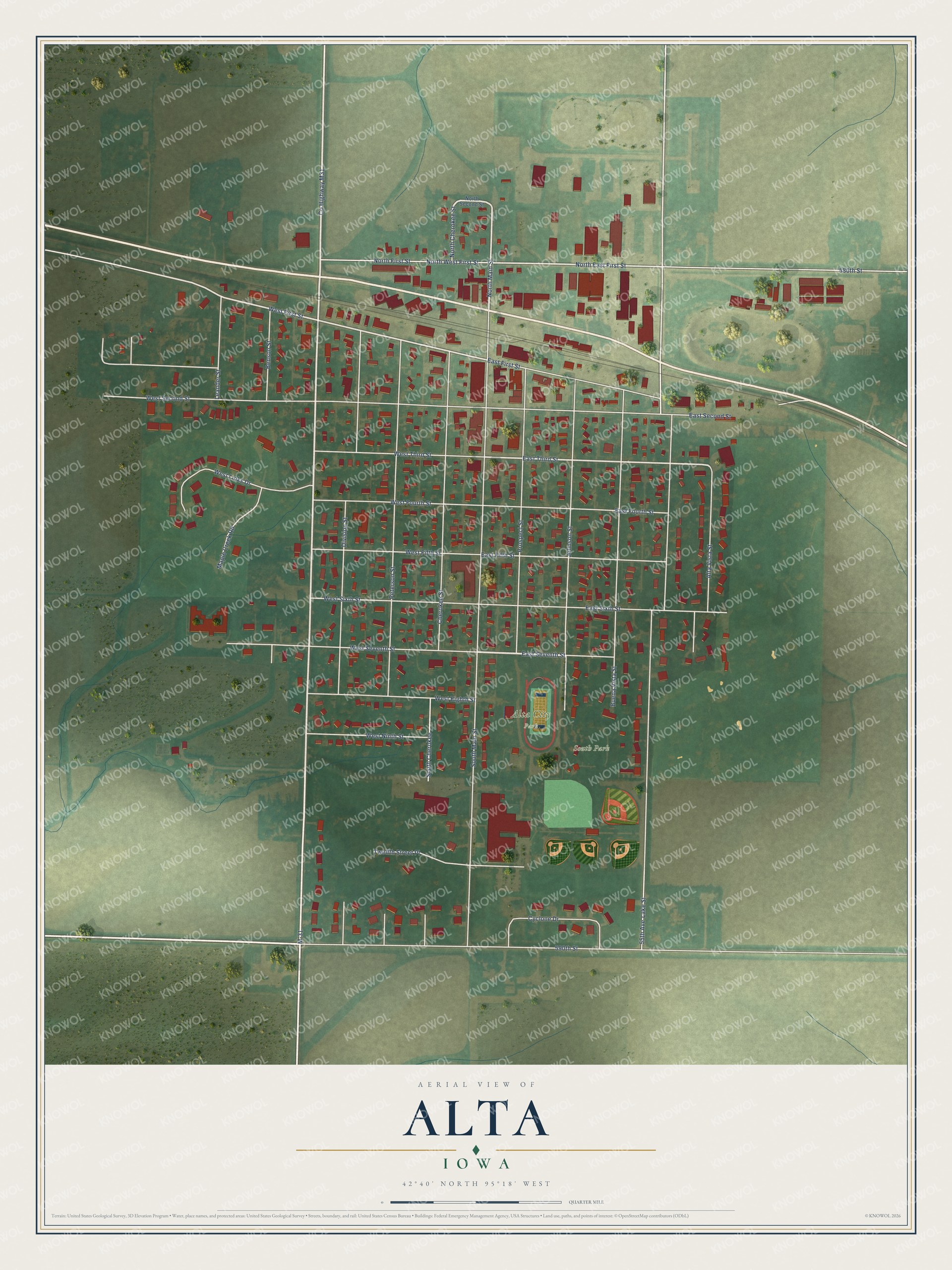 Full map of Alta, Iowa, with red buildings, printed street names and the land around them