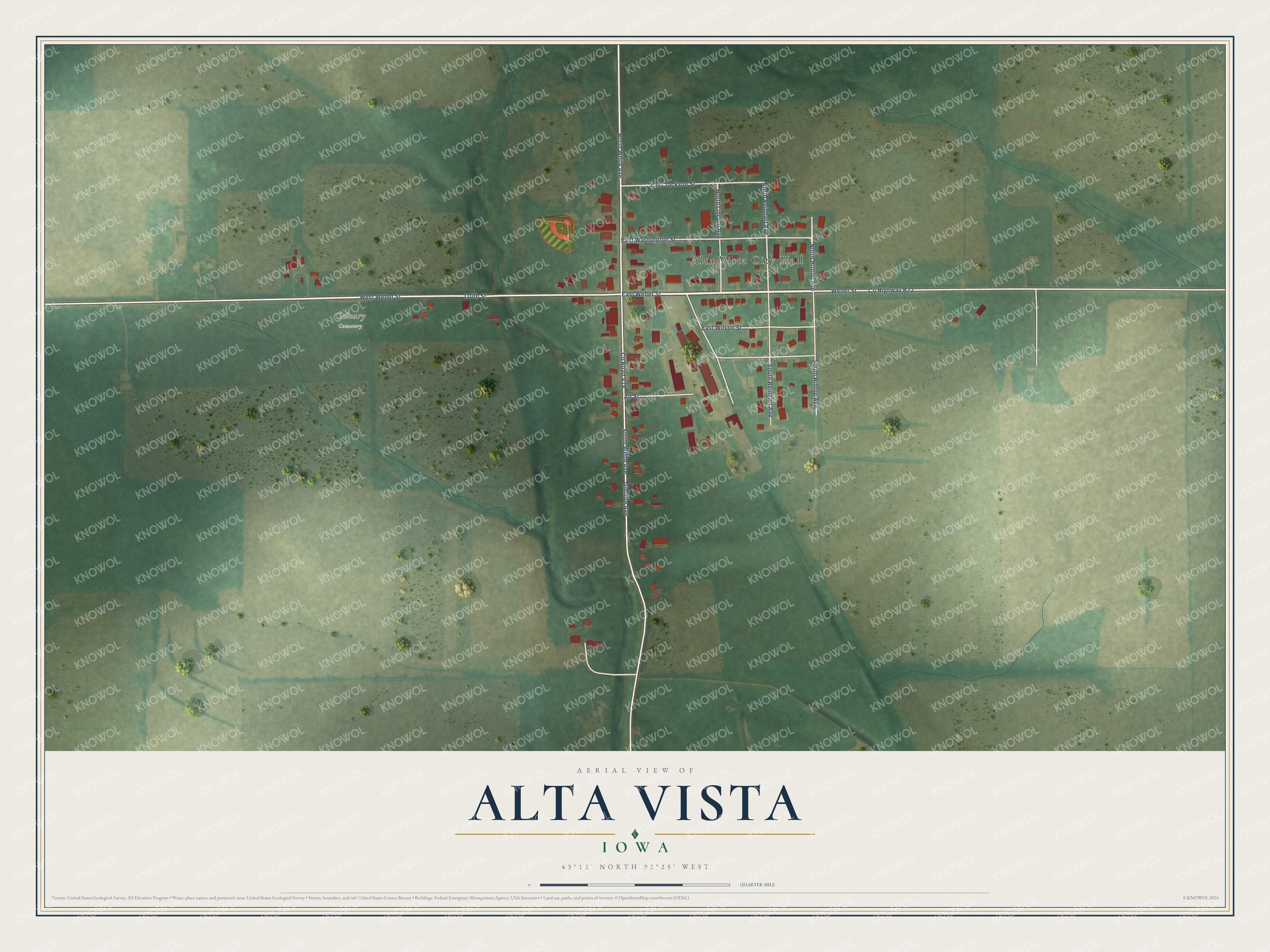 Full map of Alta Vista, Iowa, with red buildings, printed street names and the land around them