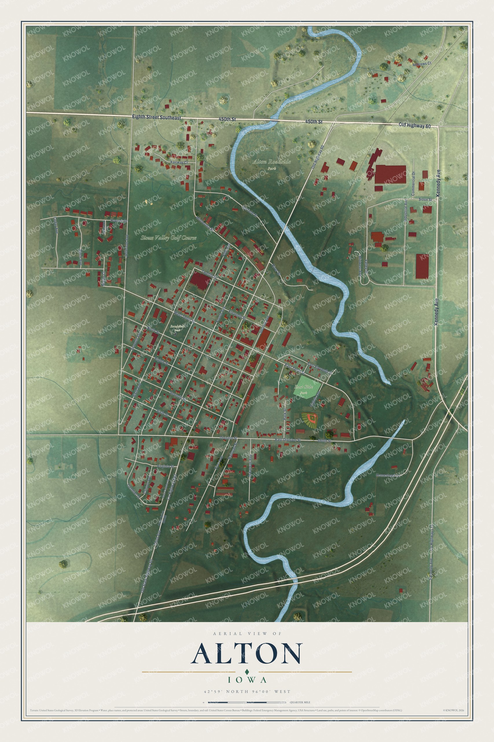 Full map of Alton, Iowa, with red buildings, printed street names and the land around them