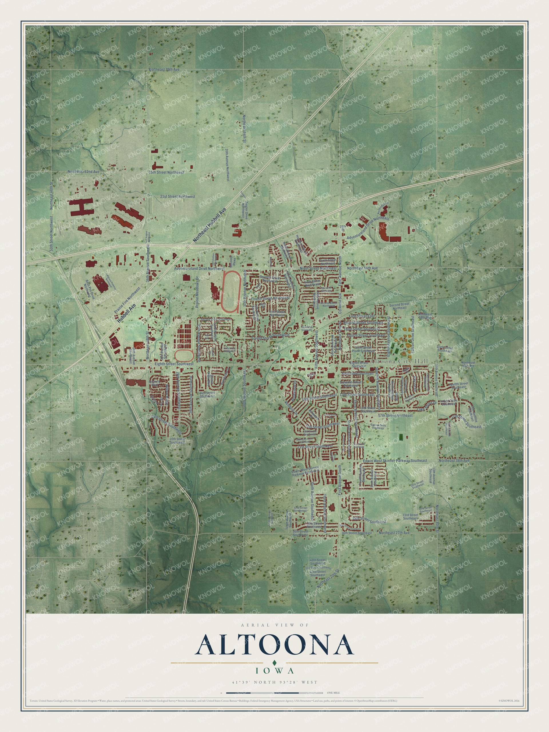 Full map of Altoona, Iowa, with red buildings, printed street names and the land around them