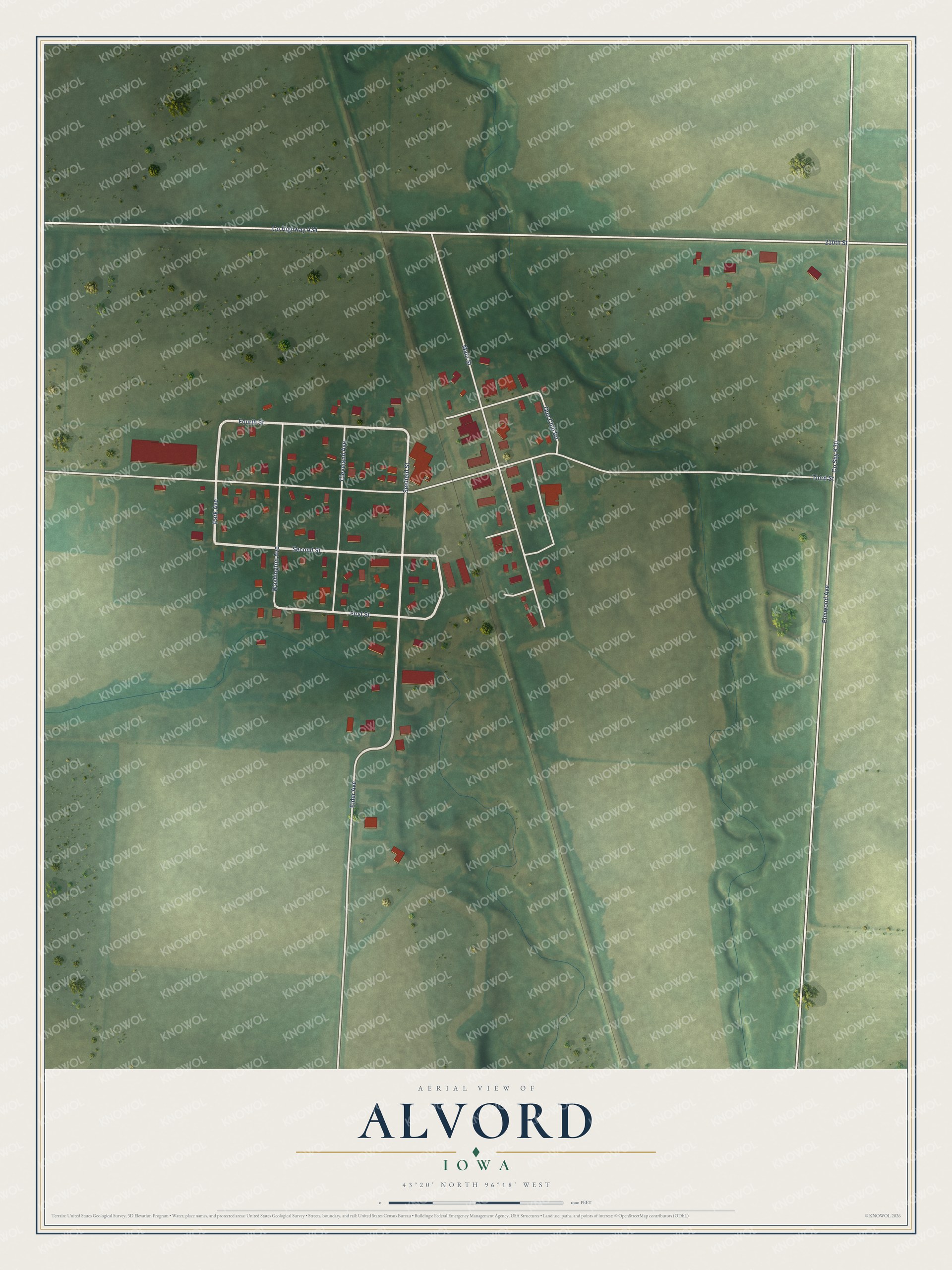 Full map of Alvord, Iowa, with red buildings, printed street names and the land around them