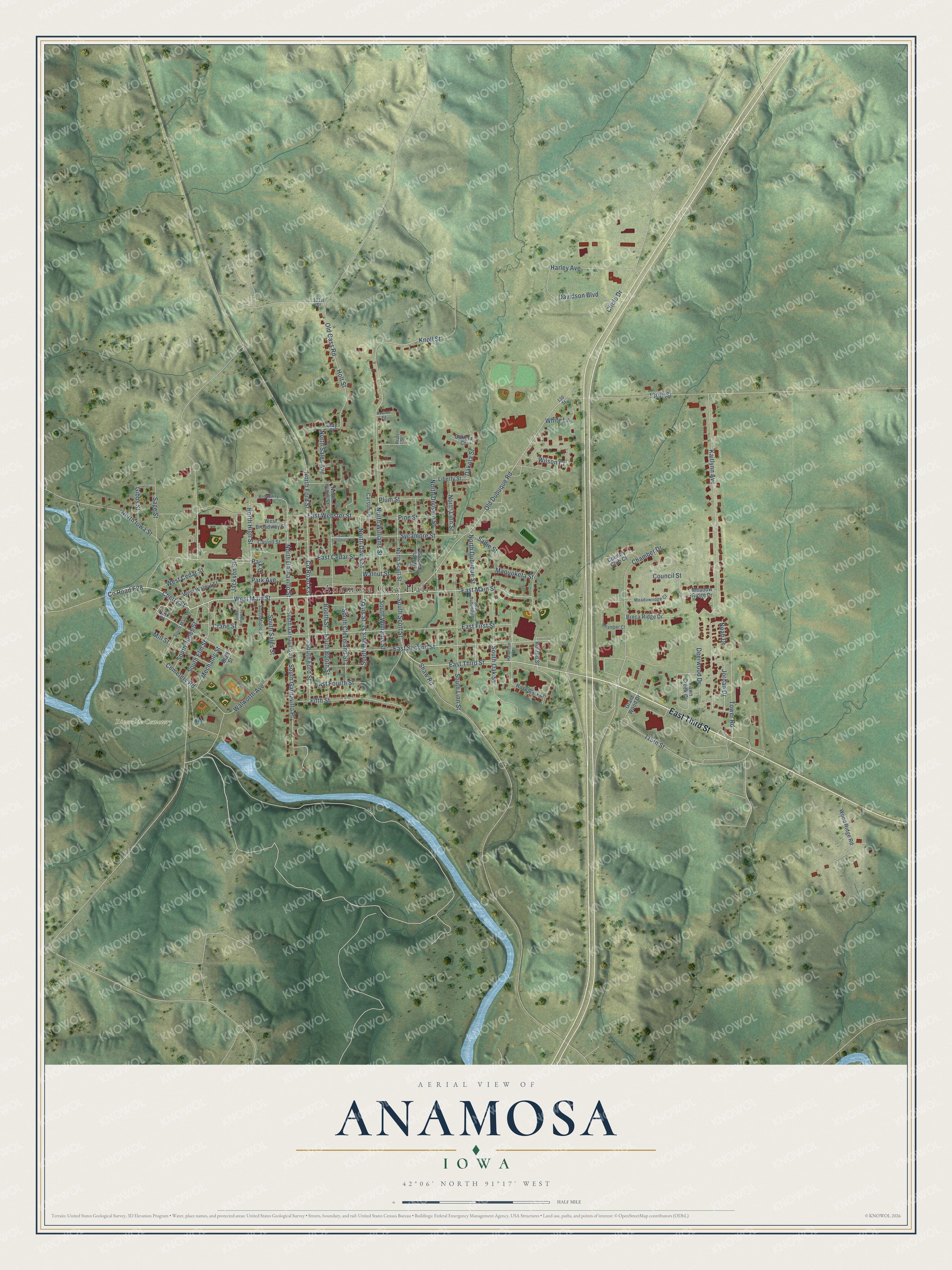Full map of Anamosa, Iowa, with red buildings, printed street names and the land around them