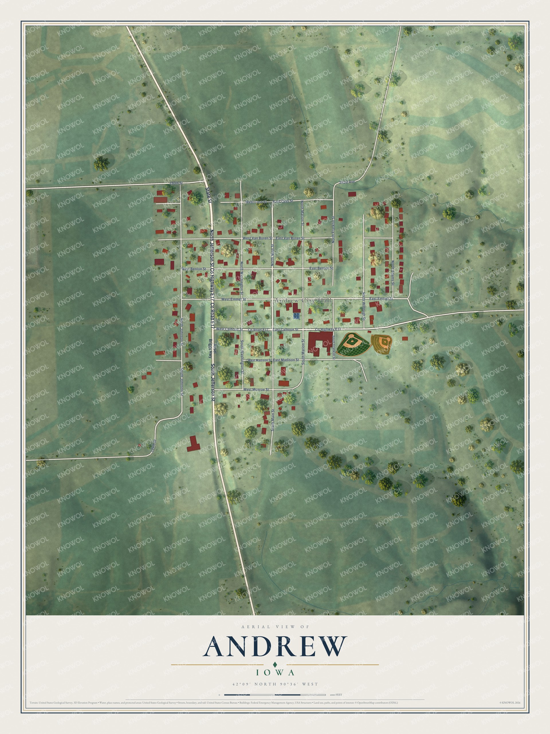 Full map of Andrew, Iowa, with red buildings, printed street names and the land around them
