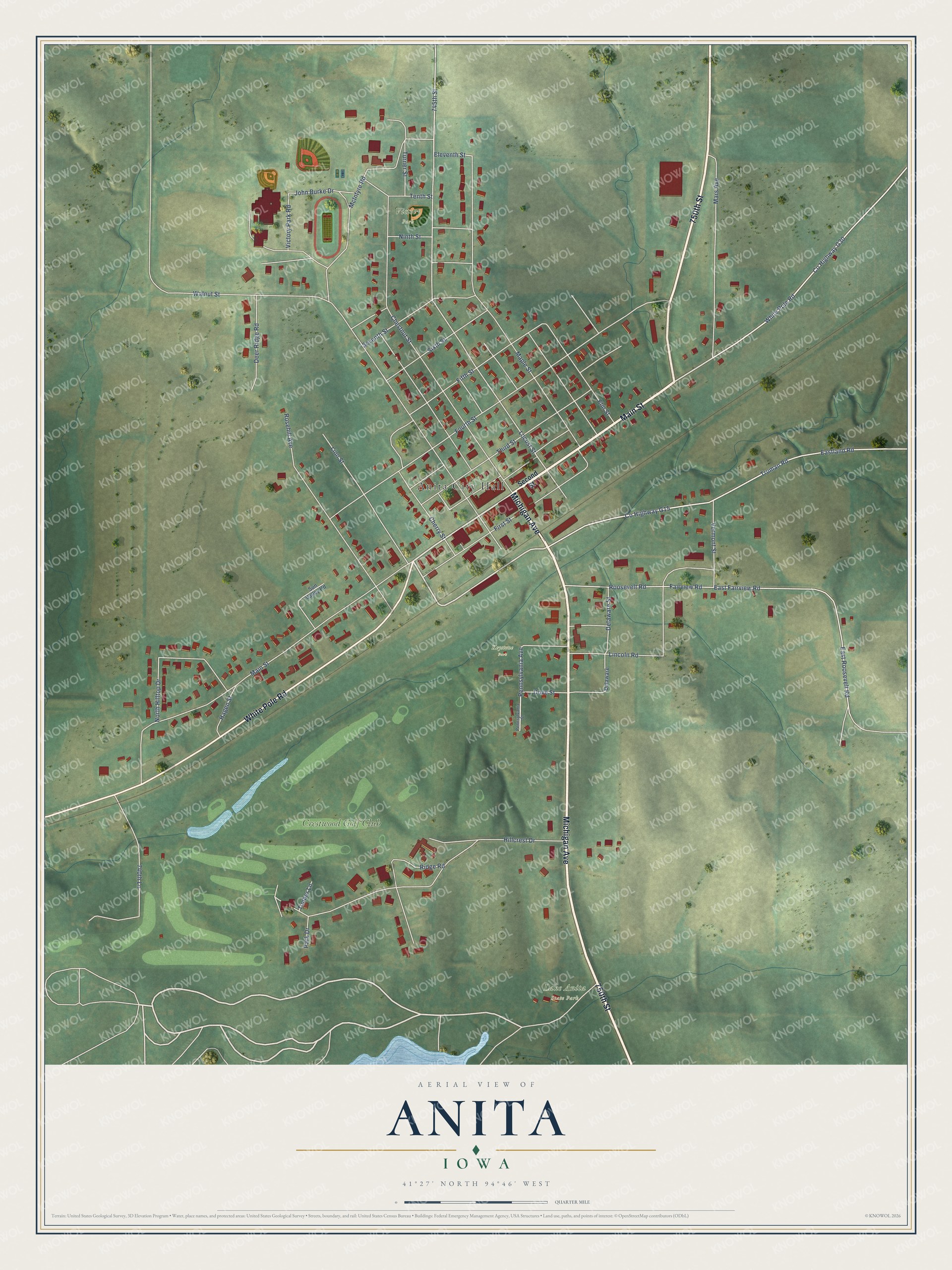 Full map of Anita, Iowa, with red buildings, printed street names and the land around them