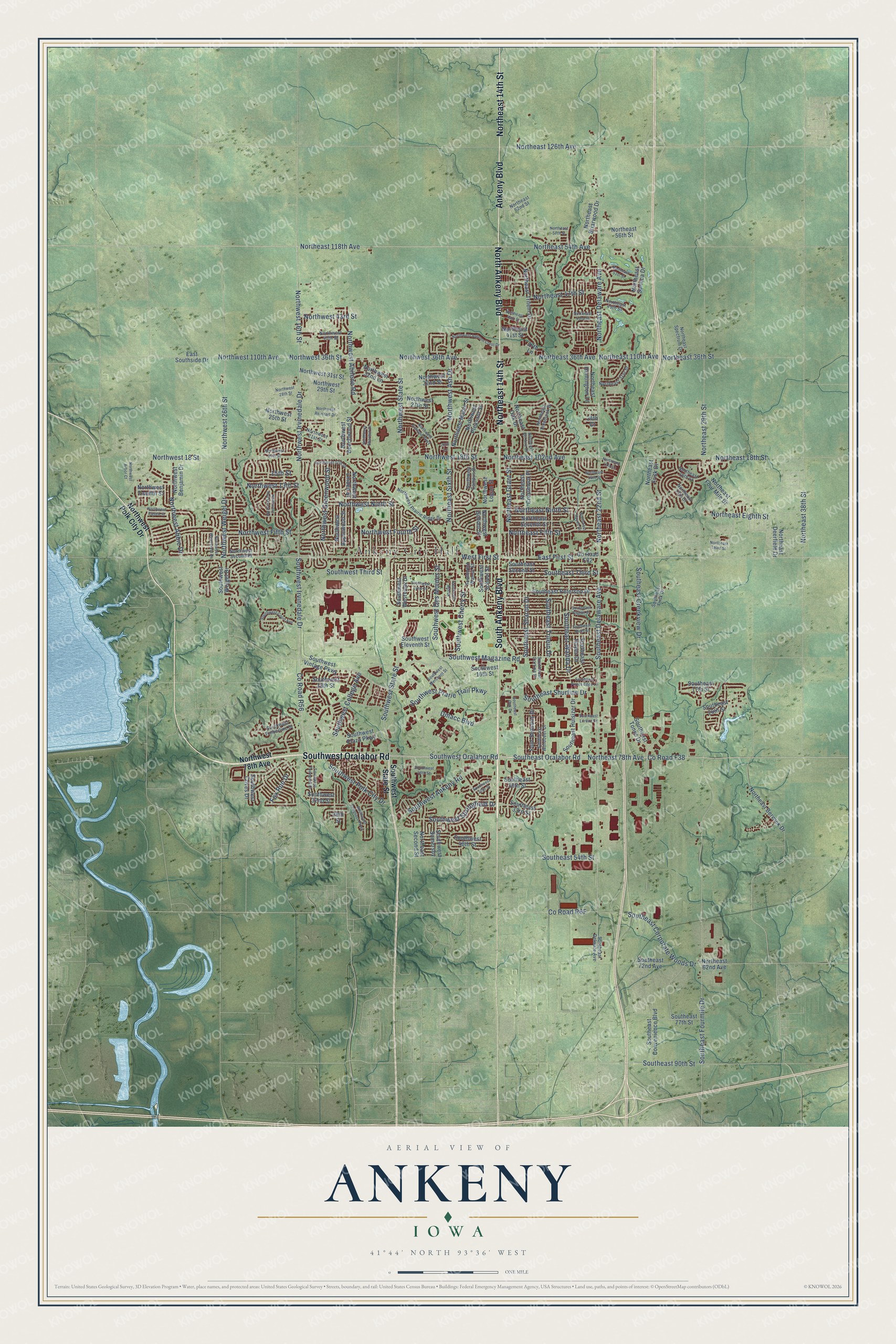 Full map of Ankeny, Iowa, with red buildings, printed street names and the land around them
