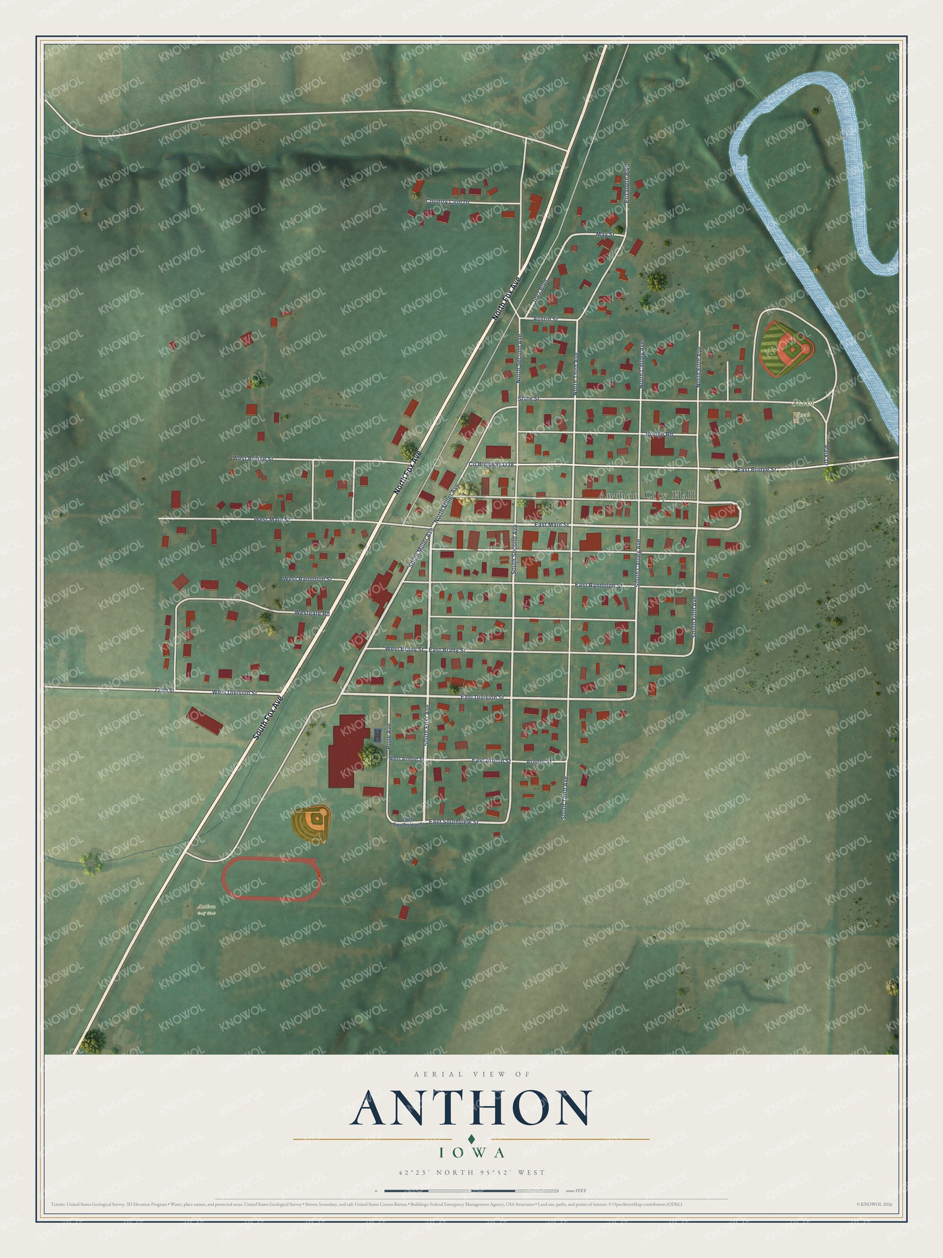 Full map of Anthon, Iowa, with red buildings, printed street names and the land around them