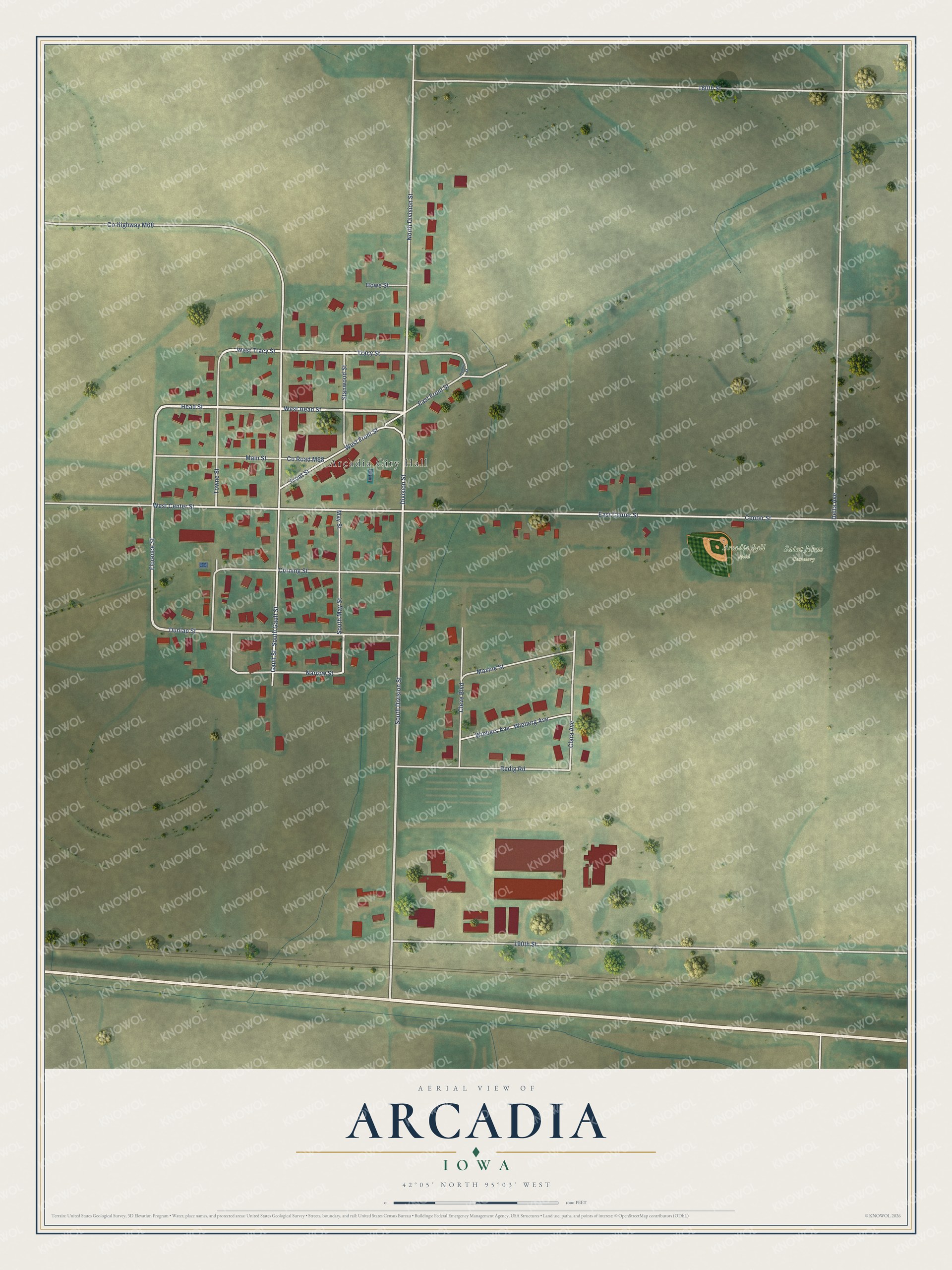 Full map of Arcadia, Iowa, with red buildings, printed street names and the land around them